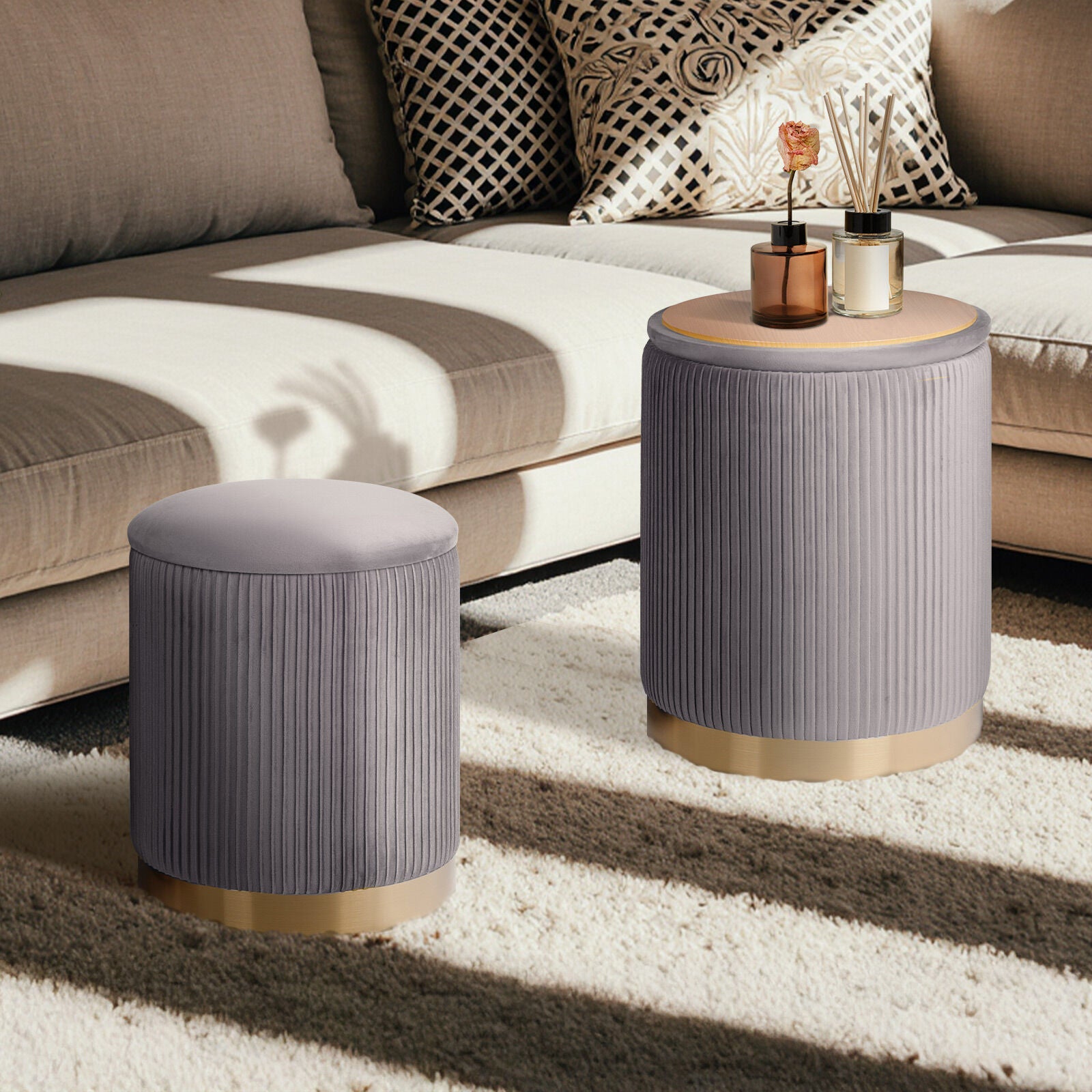 2X Side Table Storage Ottoman - Velvet Stool MIRA Grey 7