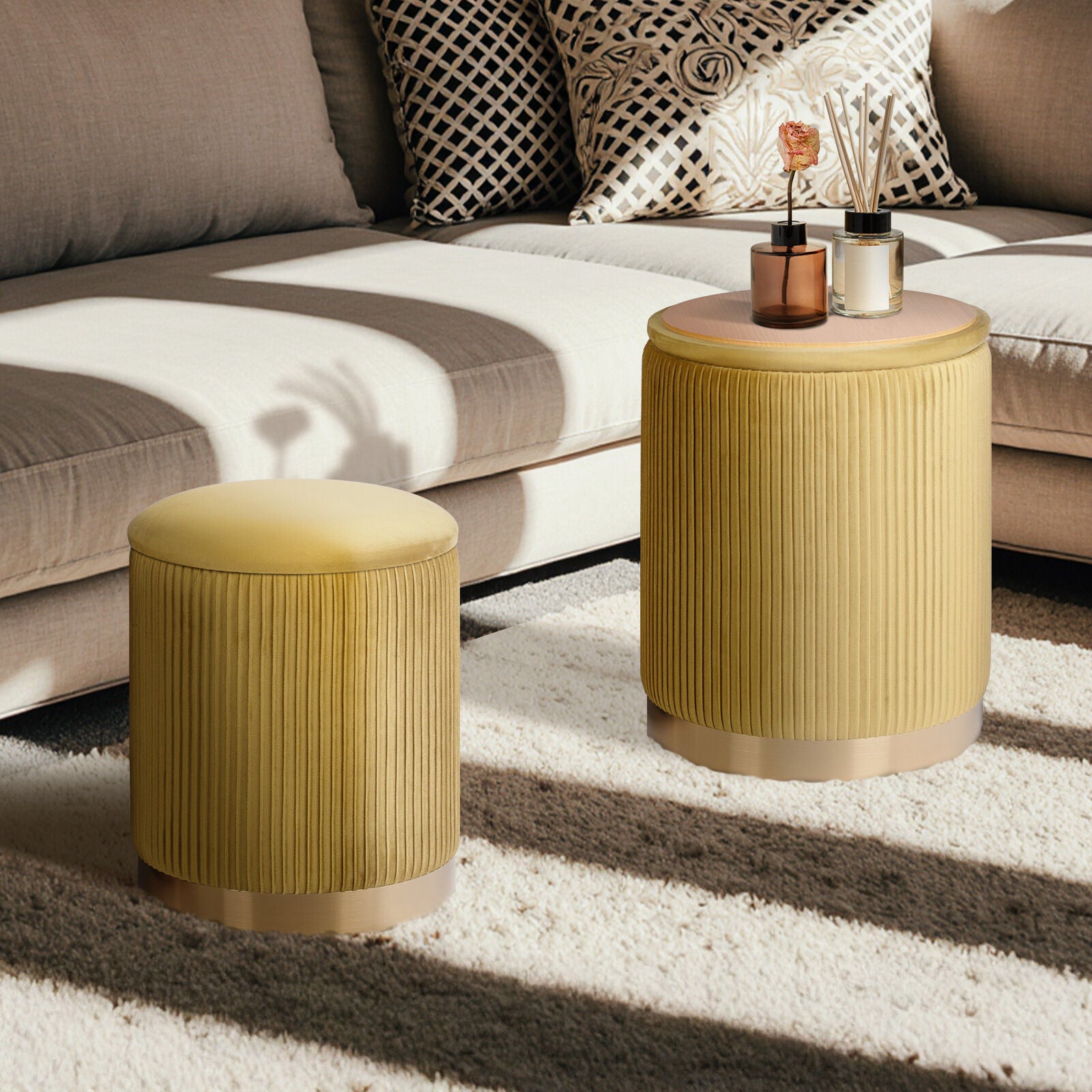 2X Side Table Storage Ottoman - Velvet Stool MIRA Mustard 7