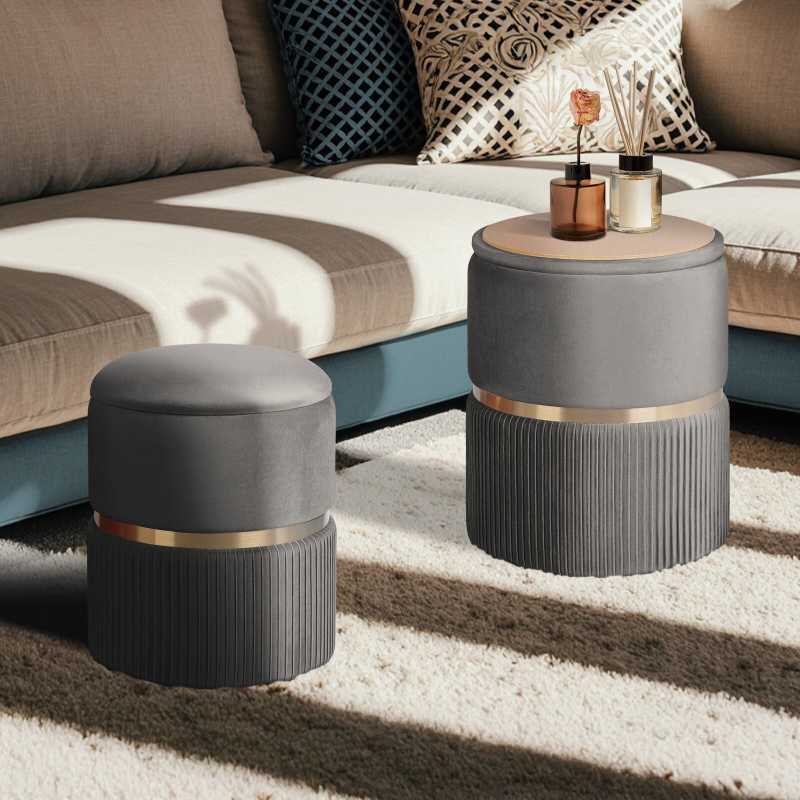2X Side Table Storage Ottoman - Velvet Padded Stool Vanity Footstool REMI GREY 5