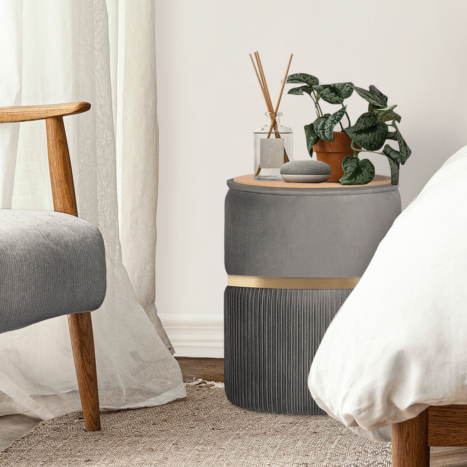 2X Side Table Storage Ottoman - Velvet Padded Stool Vanity Footstool REMI GREY 9