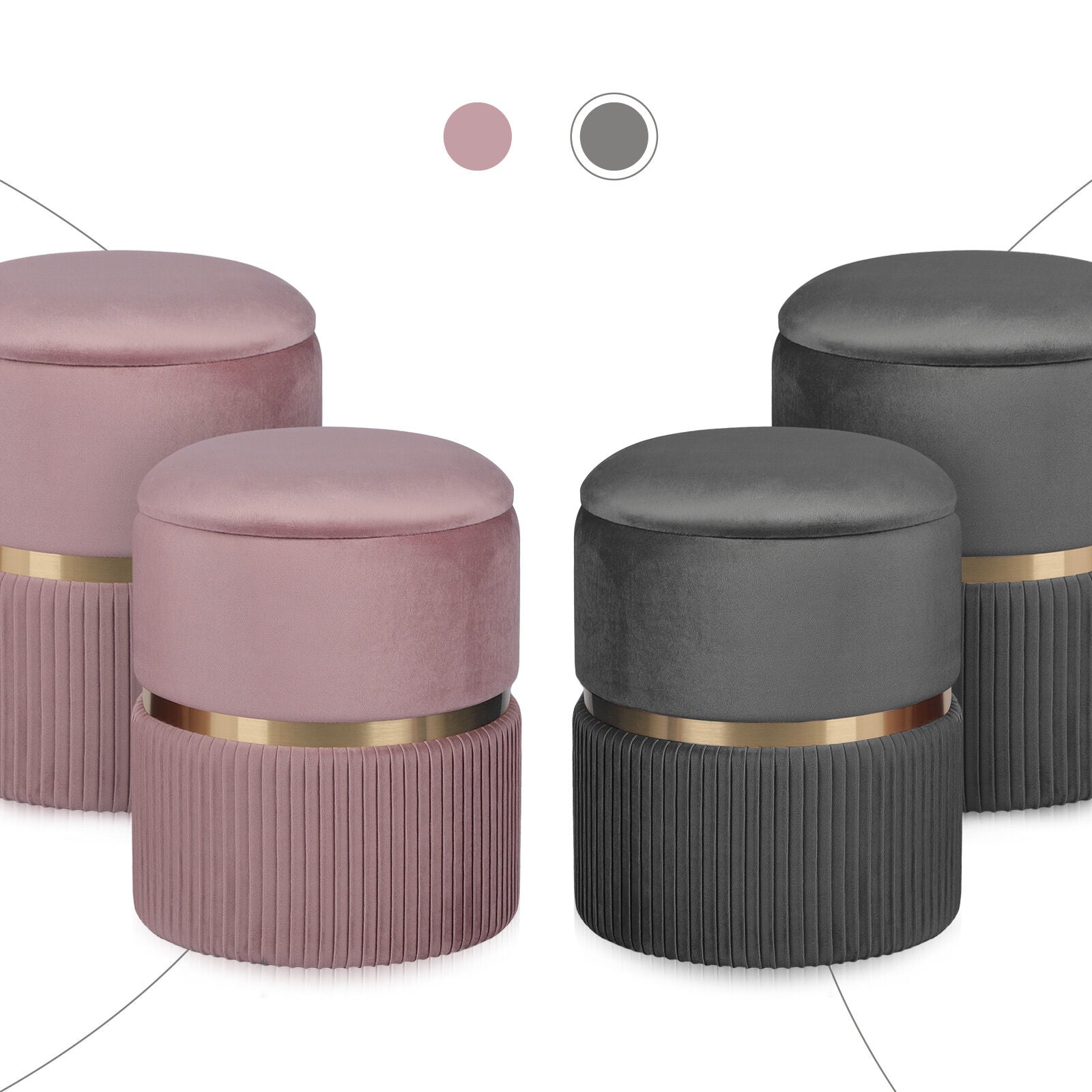 2X Side Table Storage Ottoman - Velvet Padded Stool Vanity Footstool REMI GREY 10