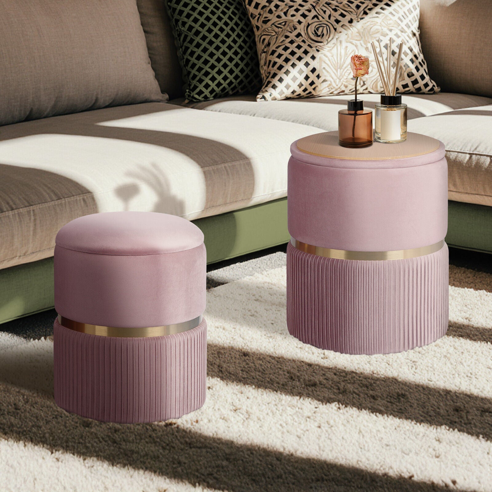 2X Side Table Storage Ottoman - Velvet Padded Stool Vanity Footstool REMI Pink 6