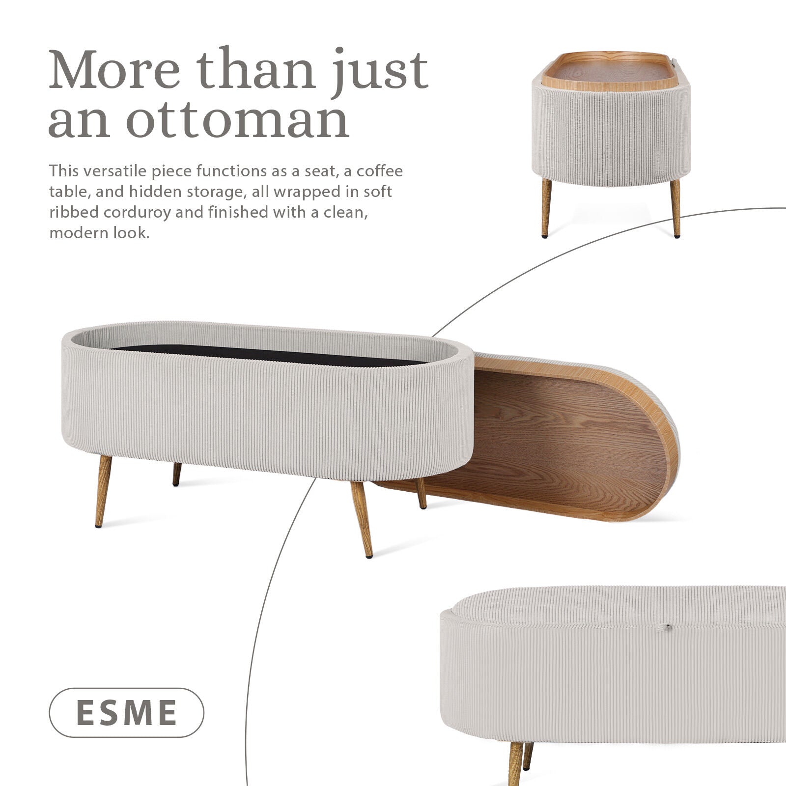 Coffee Table Storage Ottoman - Corduroy Padded Blanket Box Bench ESME CREAM 3