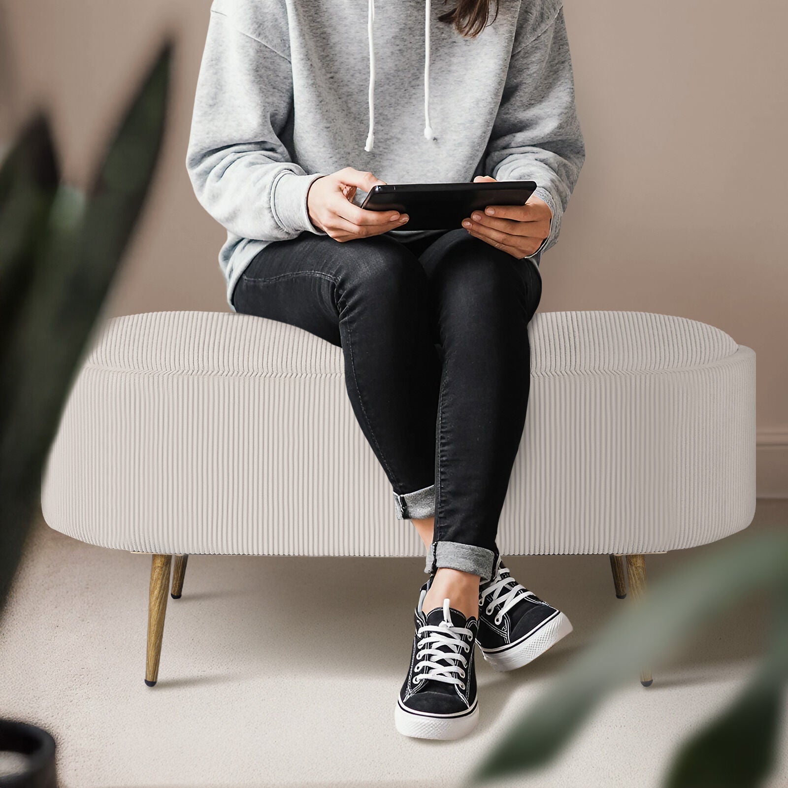 Coffee Table Storage Ottoman - Corduroy Padded Blanket Box Bench ESME CREAM 4