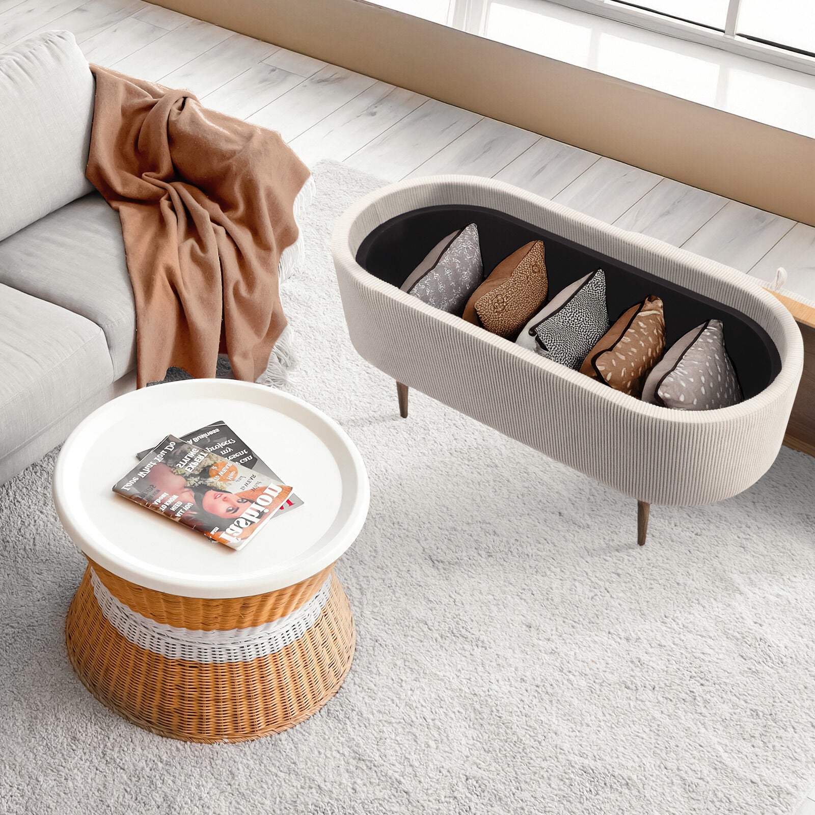 Coffee Table Storage Ottoman - Corduroy Padded Blanket Box Bench ESME CREAM 5