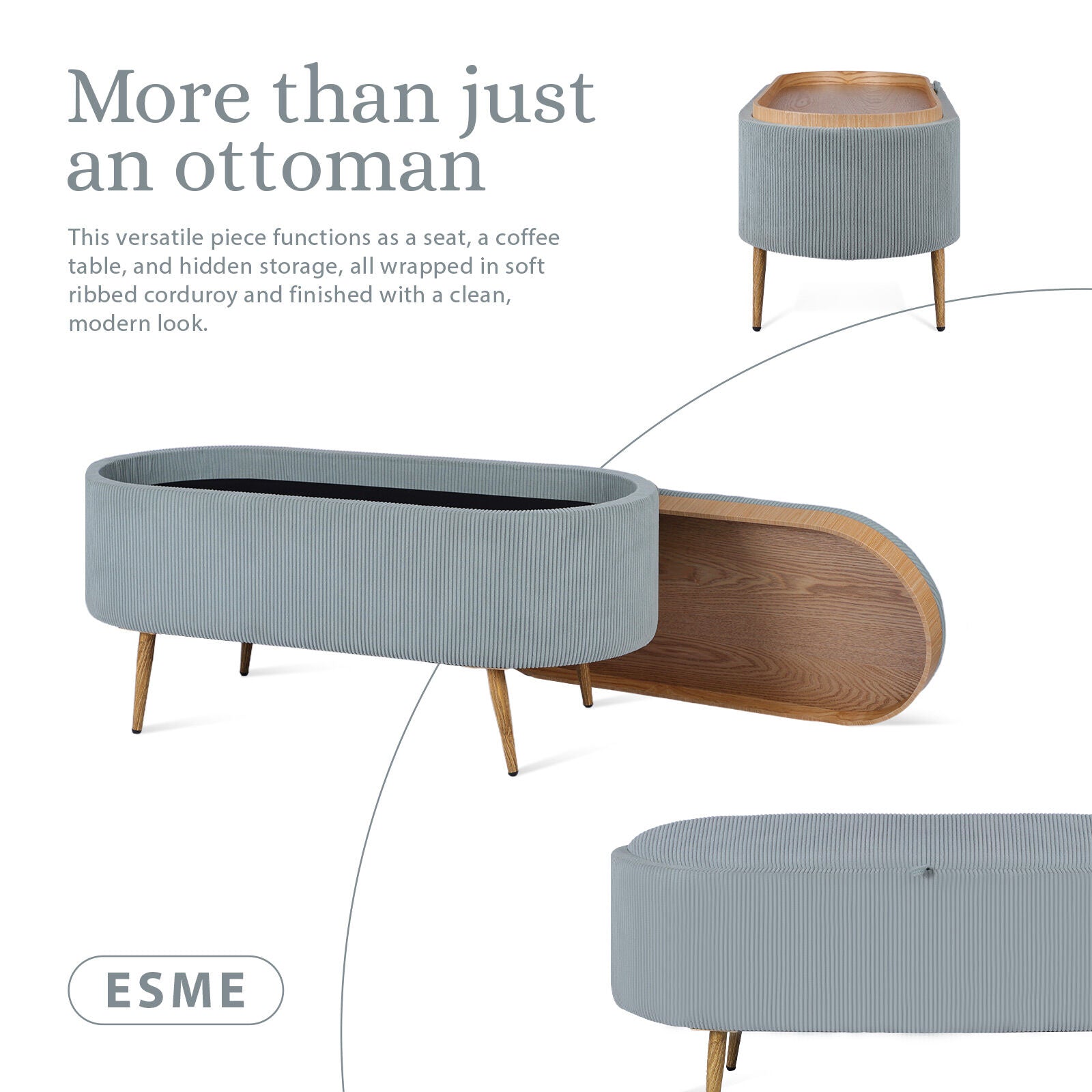 Coffee Table Storage Ottoman - Corduroy Padded Blanket Box Bench ESME - DUSTY BLUE 3