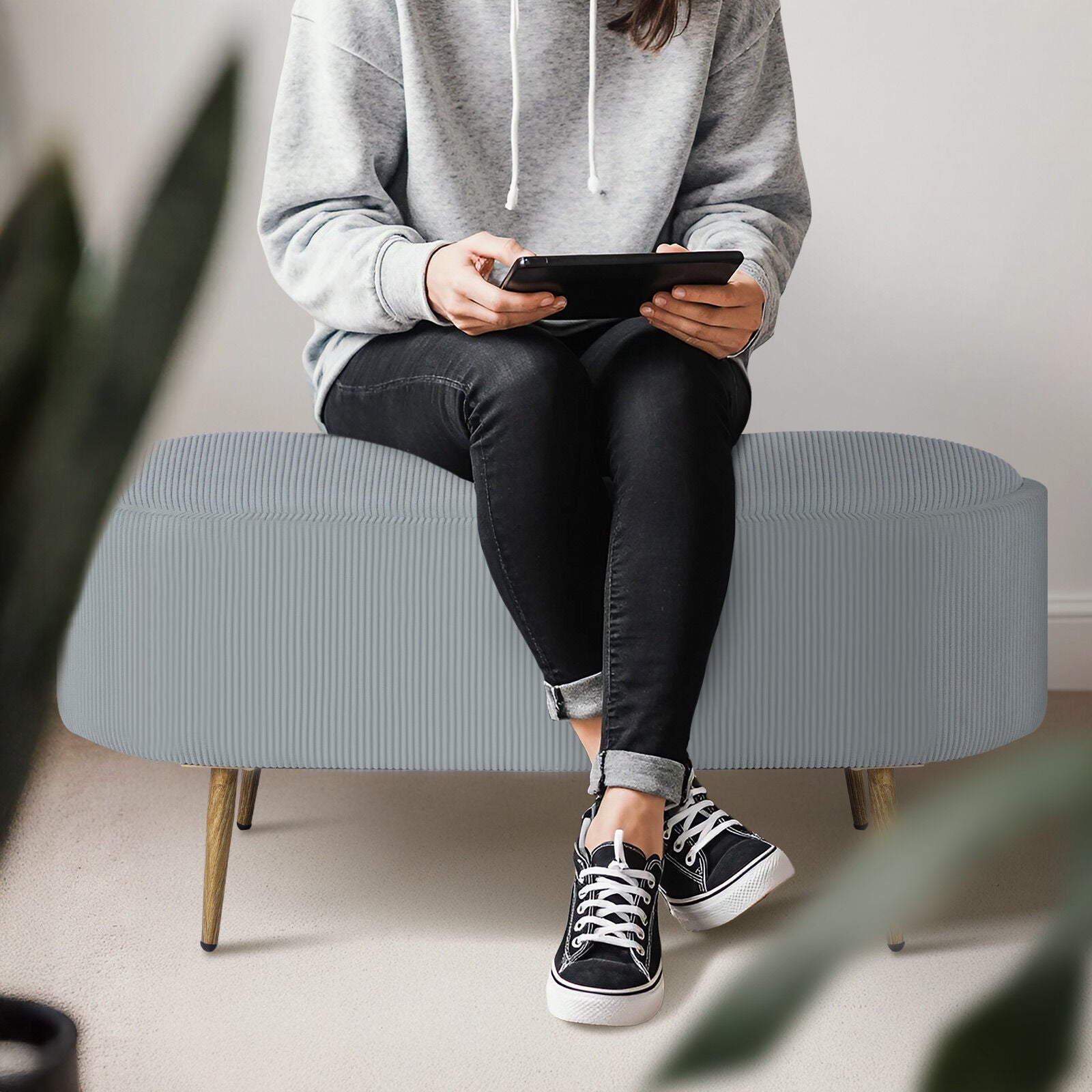 Coffee Table Storage Ottoman - Corduroy Padded Blanket Box Bench ESME - DUSTY BLUE 4