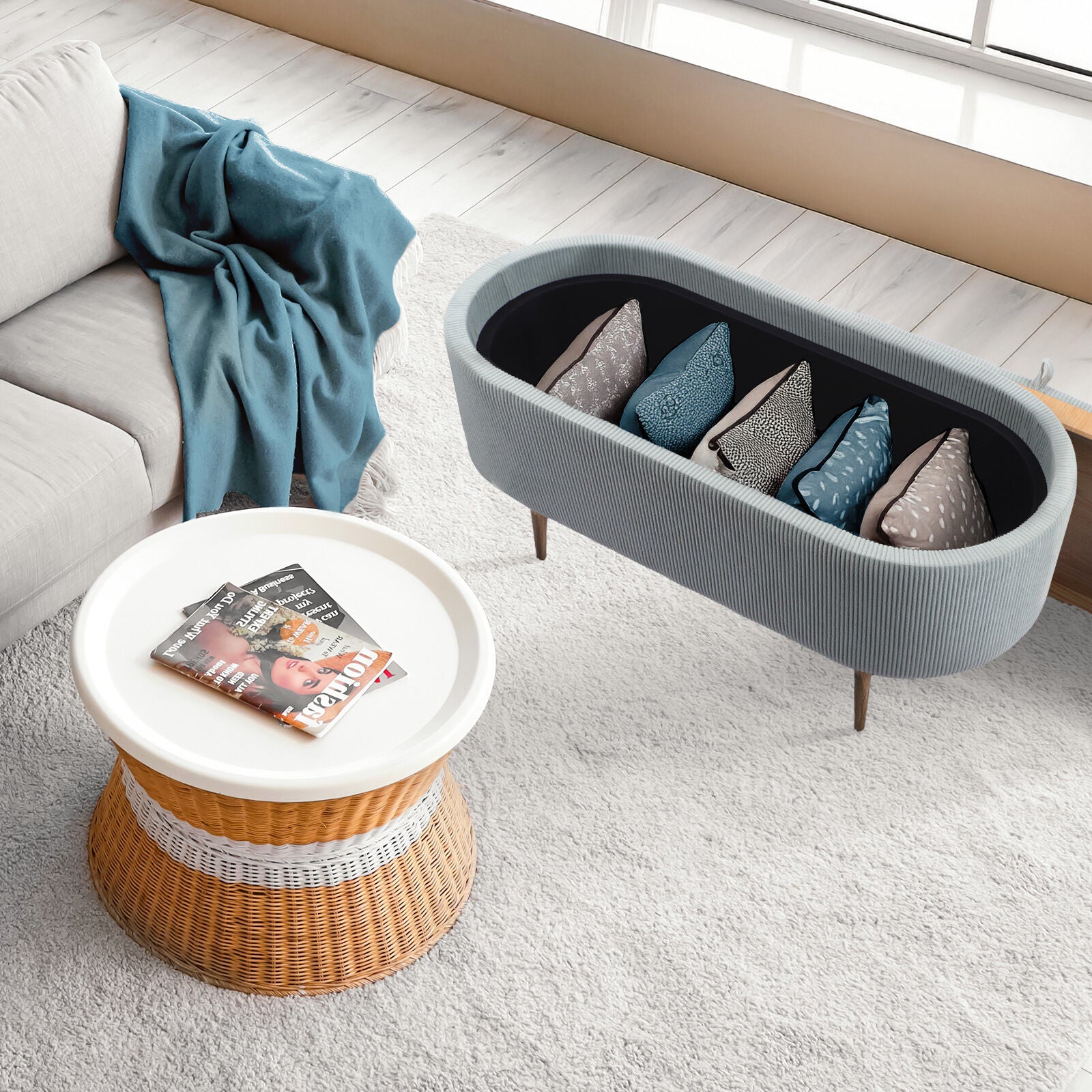Coffee Table Storage Ottoman - Corduroy Padded Blanket Box Bench ESME - DUSTY BLUE 5