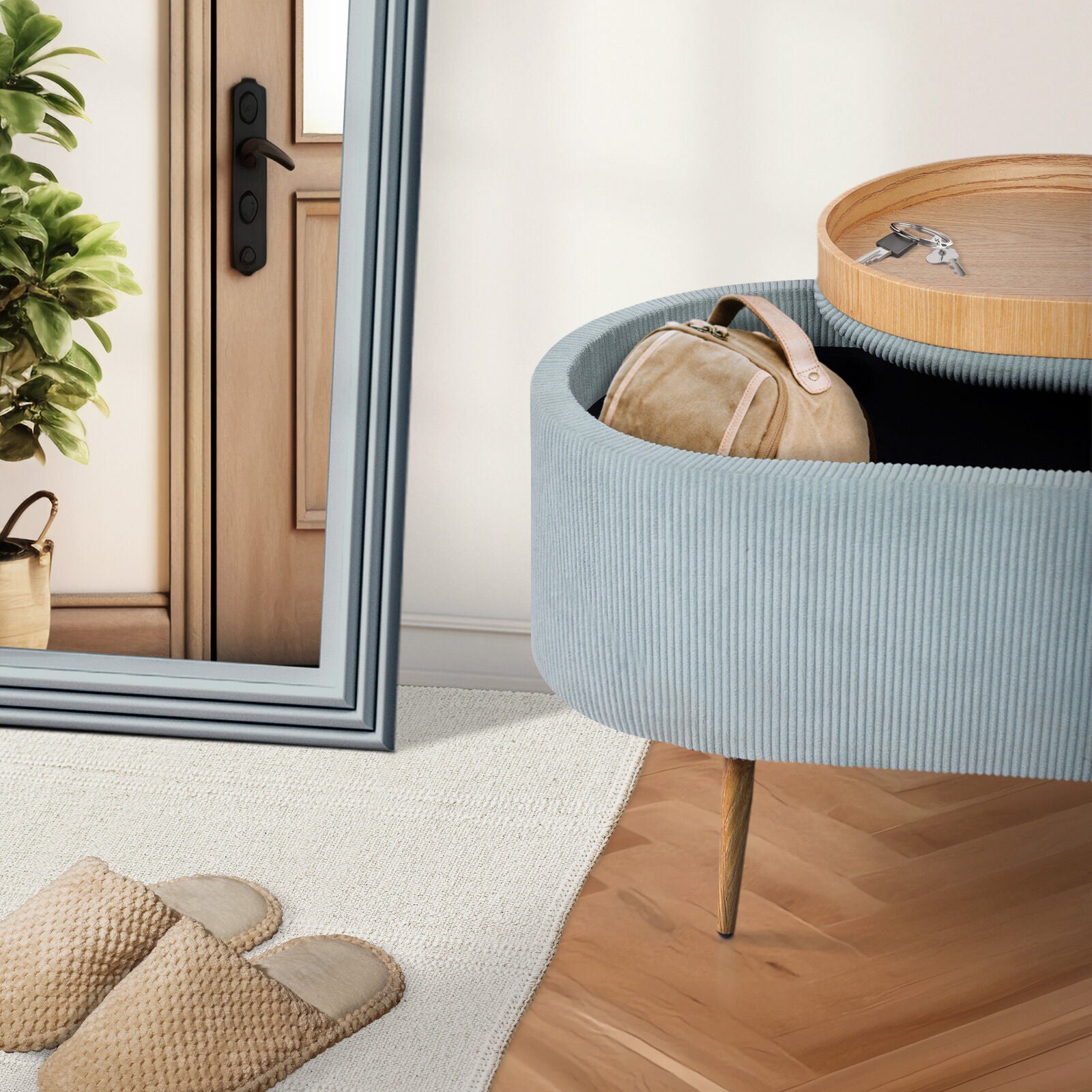 Coffee Table Storage Ottoman - Corduroy Padded Blanket Box Bench ESME - DUSTY BLUE 7