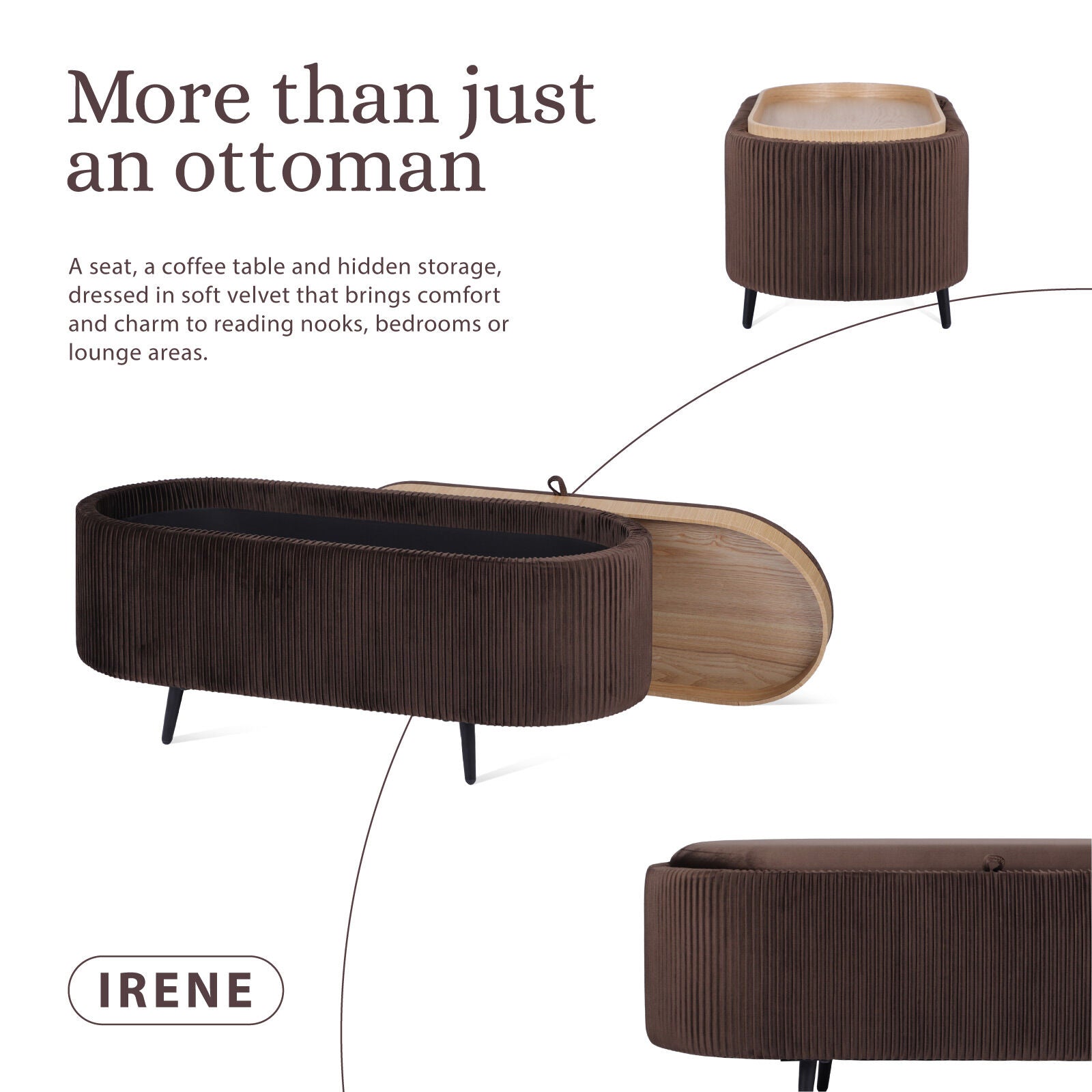 Coffee Table Storage Ottoman - Velvet Padded Blanket Box Bench IRENE BROWN 3