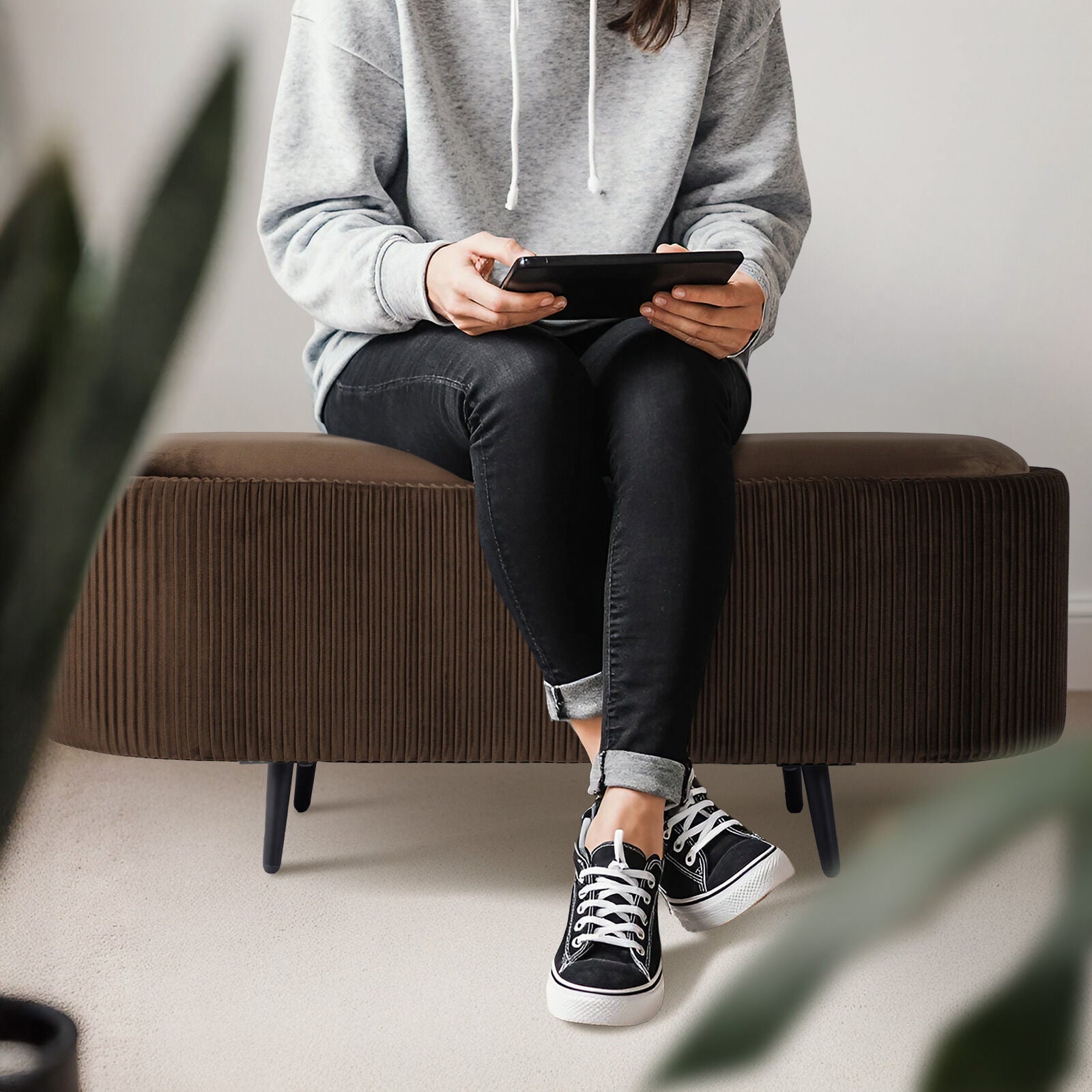 Coffee Table Storage Ottoman - Velvet Padded Blanket Box Bench IRENE BROWN 4