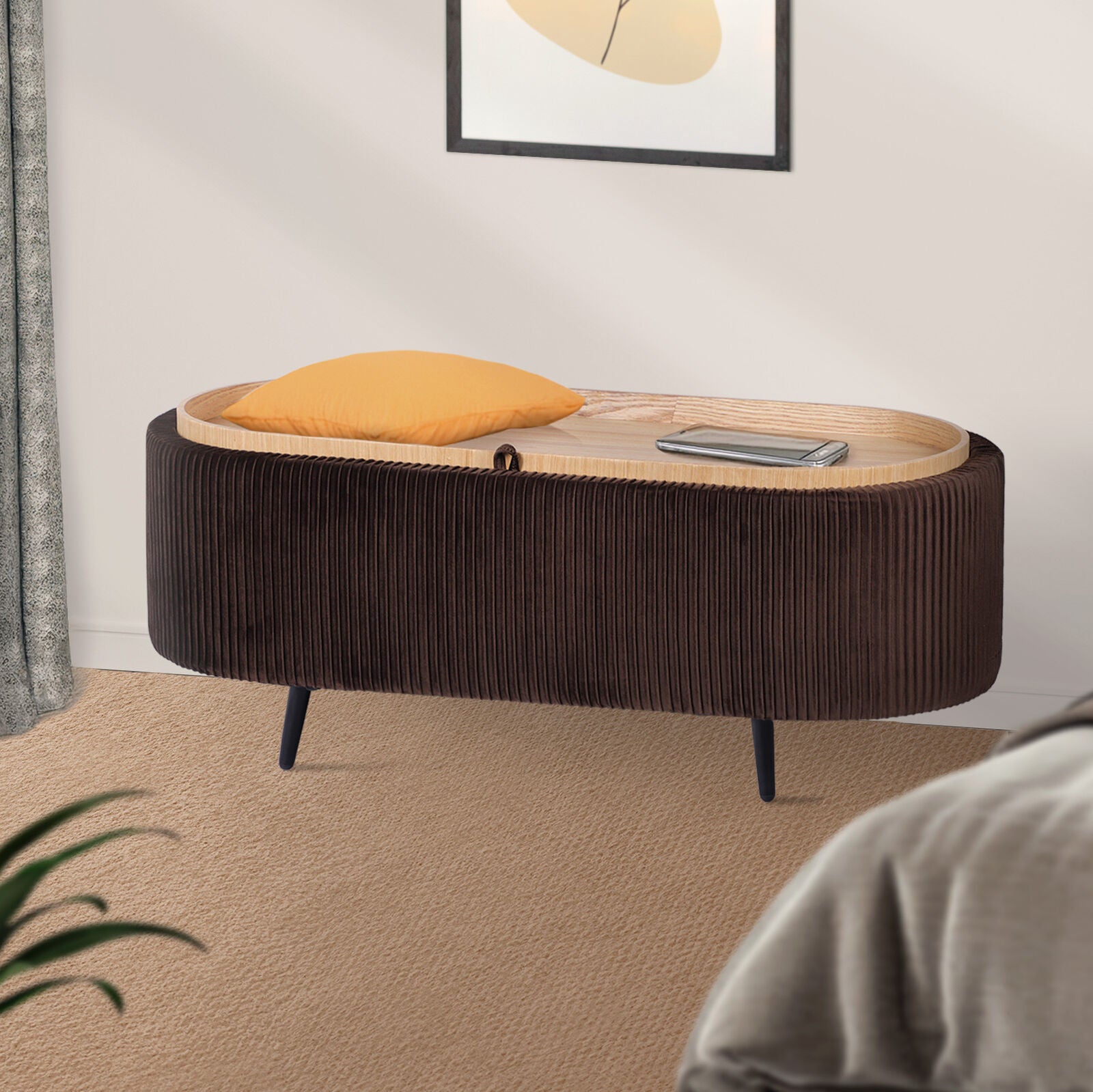 Coffee Table Storage Ottoman - Velvet Padded Blanket Box Bench IRENE BROWN 6