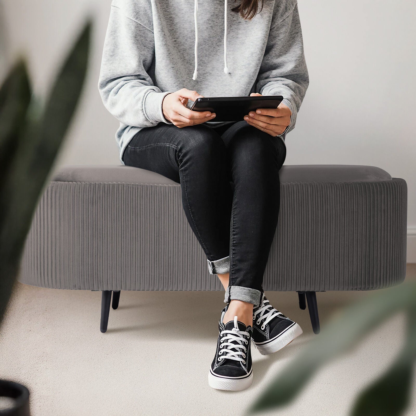 Coffee Table Storage Ottoman - Velvet Padded Blanket Box Bench IRENE GREY 4