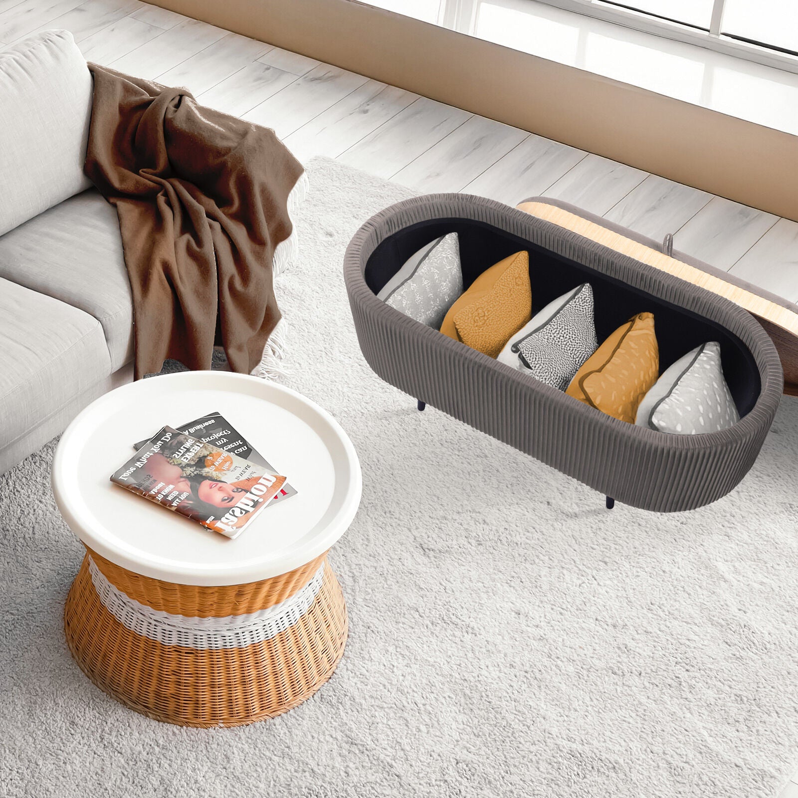 Coffee Table Storage Ottoman - Velvet Padded Blanket Box Bench IRENE GREY 5