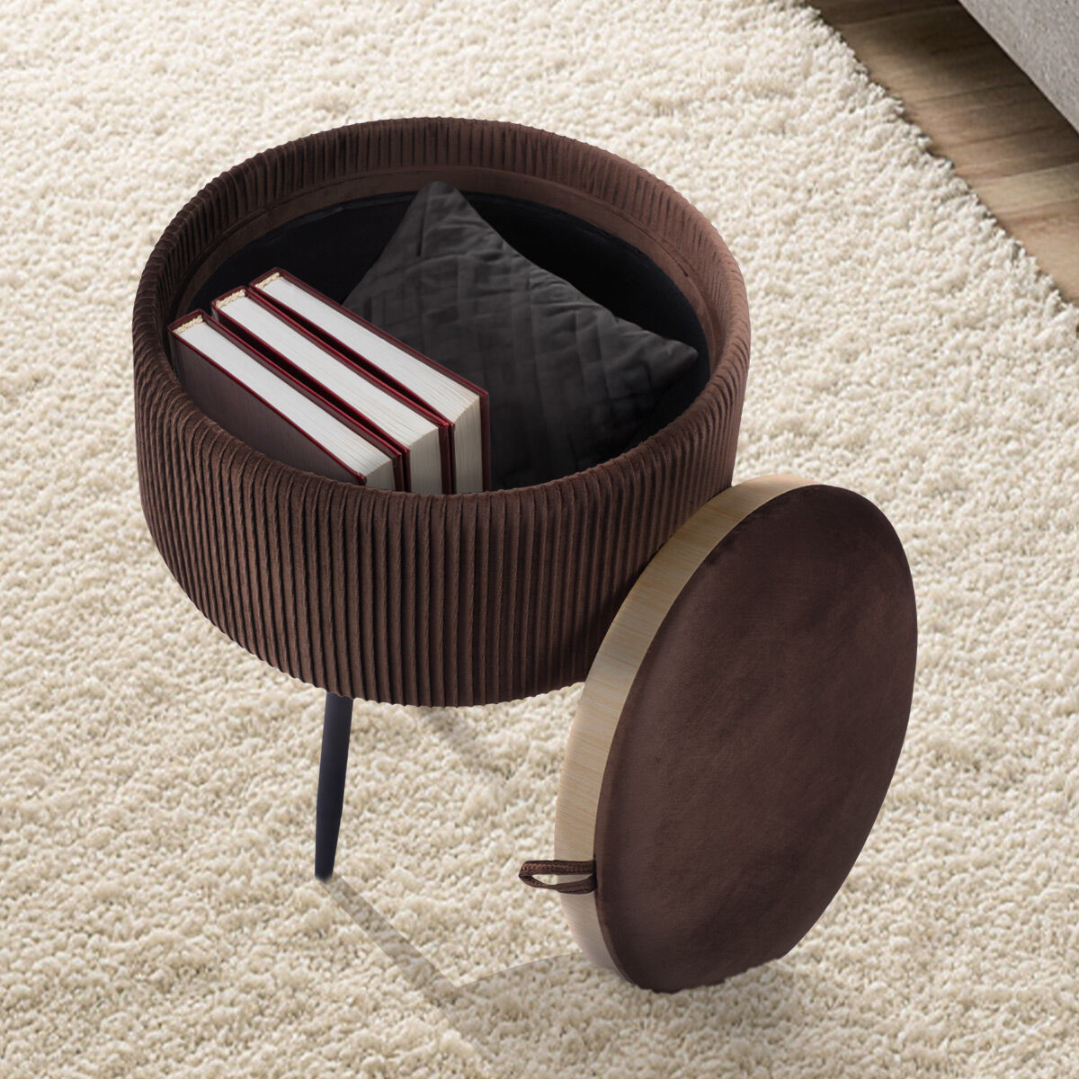Side Table Storage Ottoman - Velvet Padded Stool Vanity Footstool CLEO BROWN 5