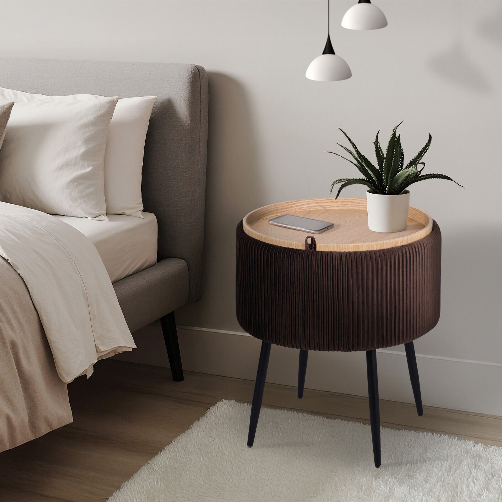 Side Table Storage Ottoman - Velvet Padded Stool Vanity Footstool CLEO BROWN 6