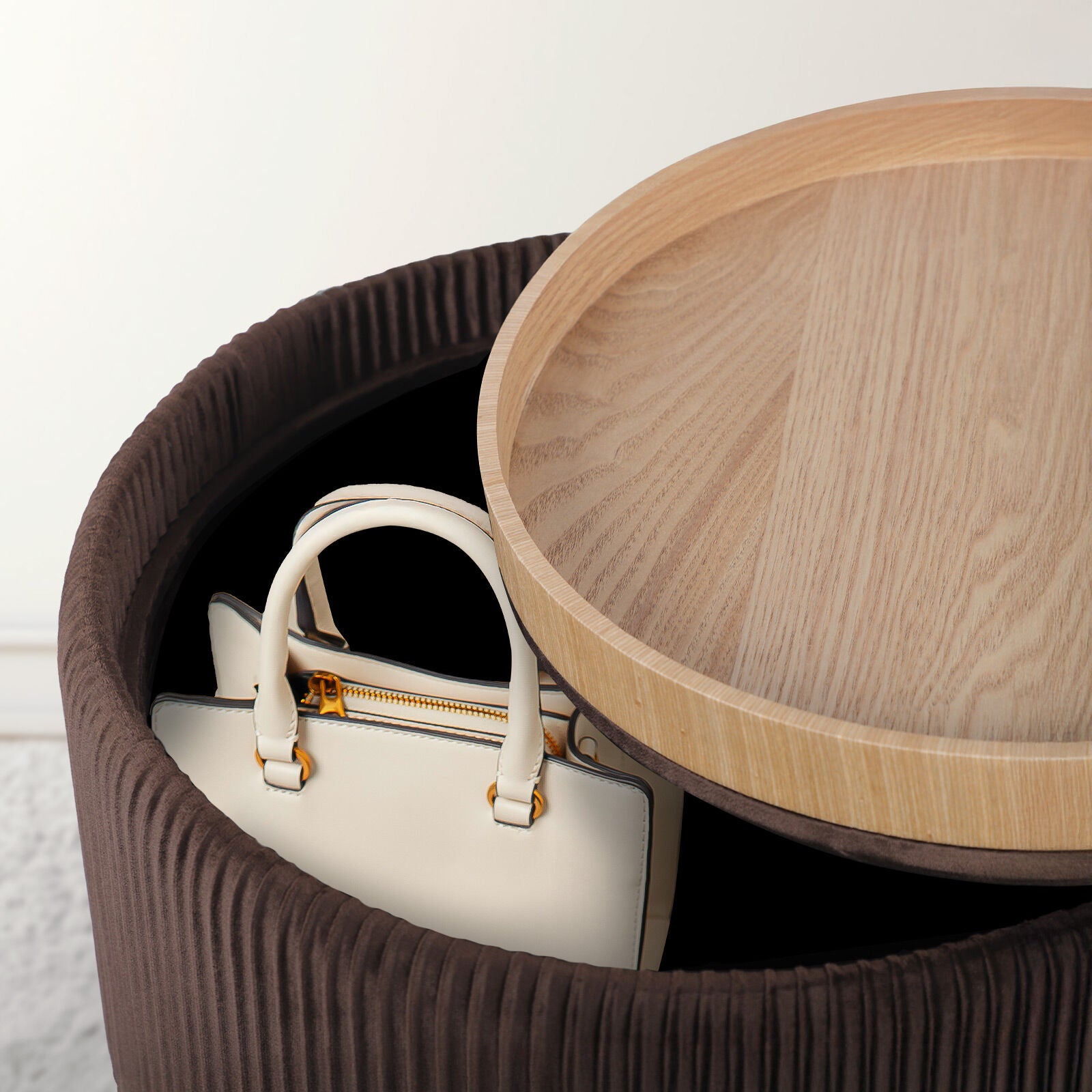 Side Table Storage Ottoman - Velvet Padded Stool Vanity Footstool CLEO BROWN 9