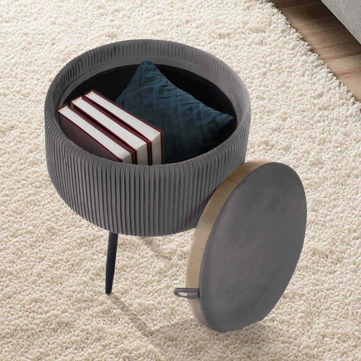 Side Table Storage Ottoman - Velvet Padded Stool Vanity Footstool CLEO GREY 5