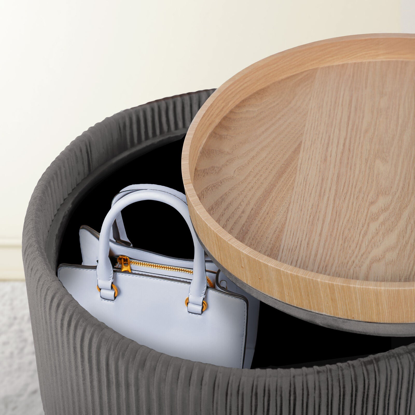 Side Table Storage Ottoman - Velvet Padded Stool Vanity Footstool CLEO GREY 9