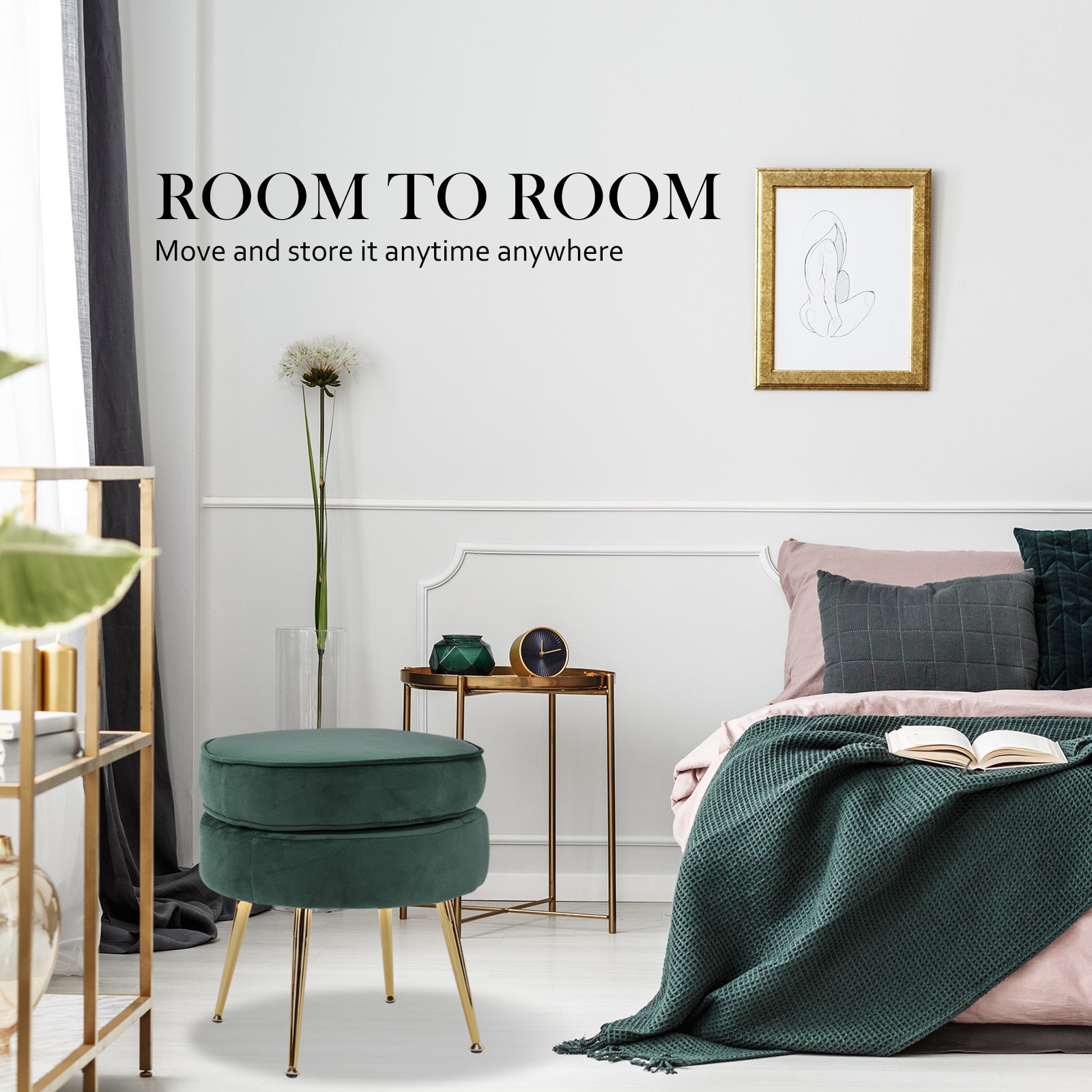 Ottoman Foot Stool Velvet Fabric Metal Leg Round GREEN 4