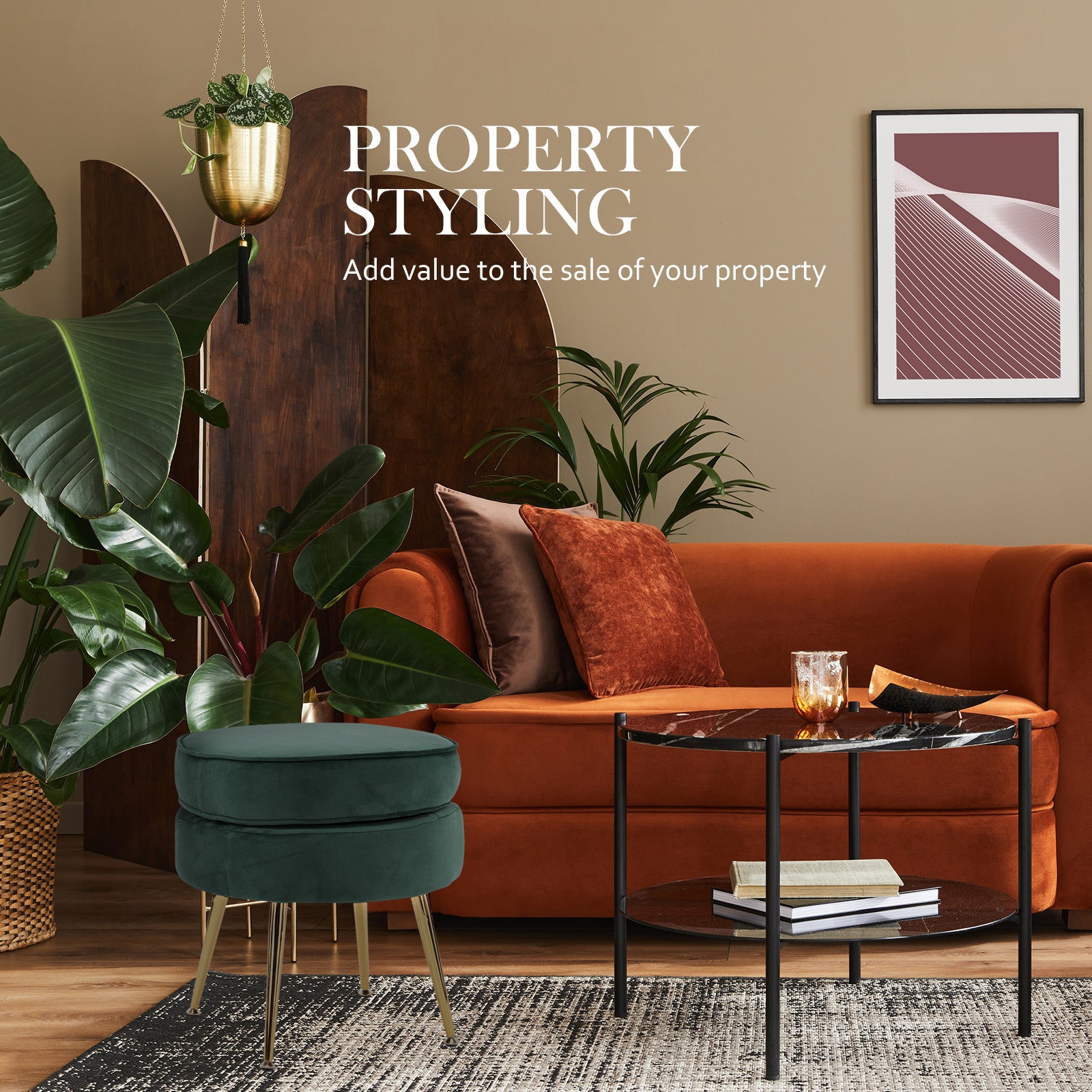 Ottoman Foot Stool Velvet Fabric Metal Leg Round GREEN 9