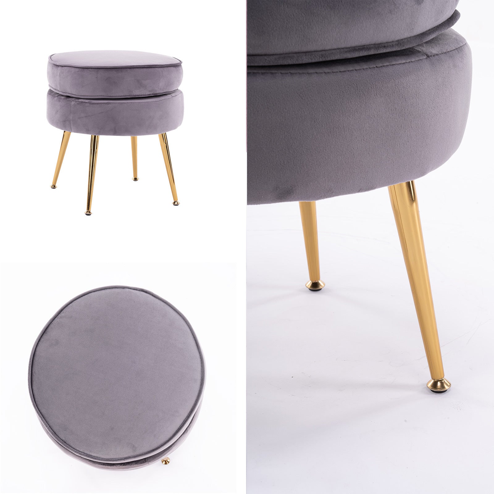 Ottoman Foot Stool Velvet Fabric Metal Leg Round GREY 3