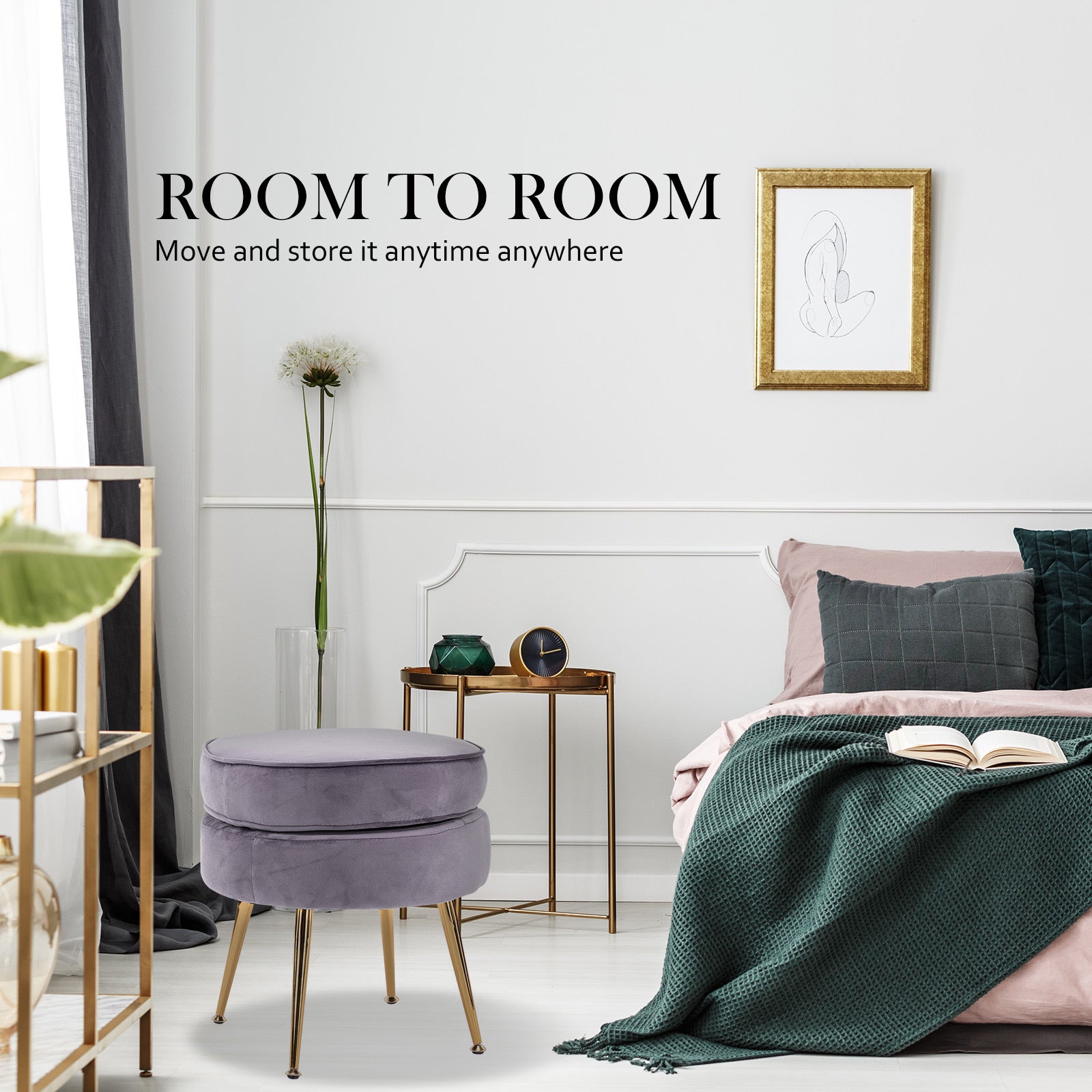 Ottoman Foot Stool Velvet Fabric Metal Leg Round GREY 4