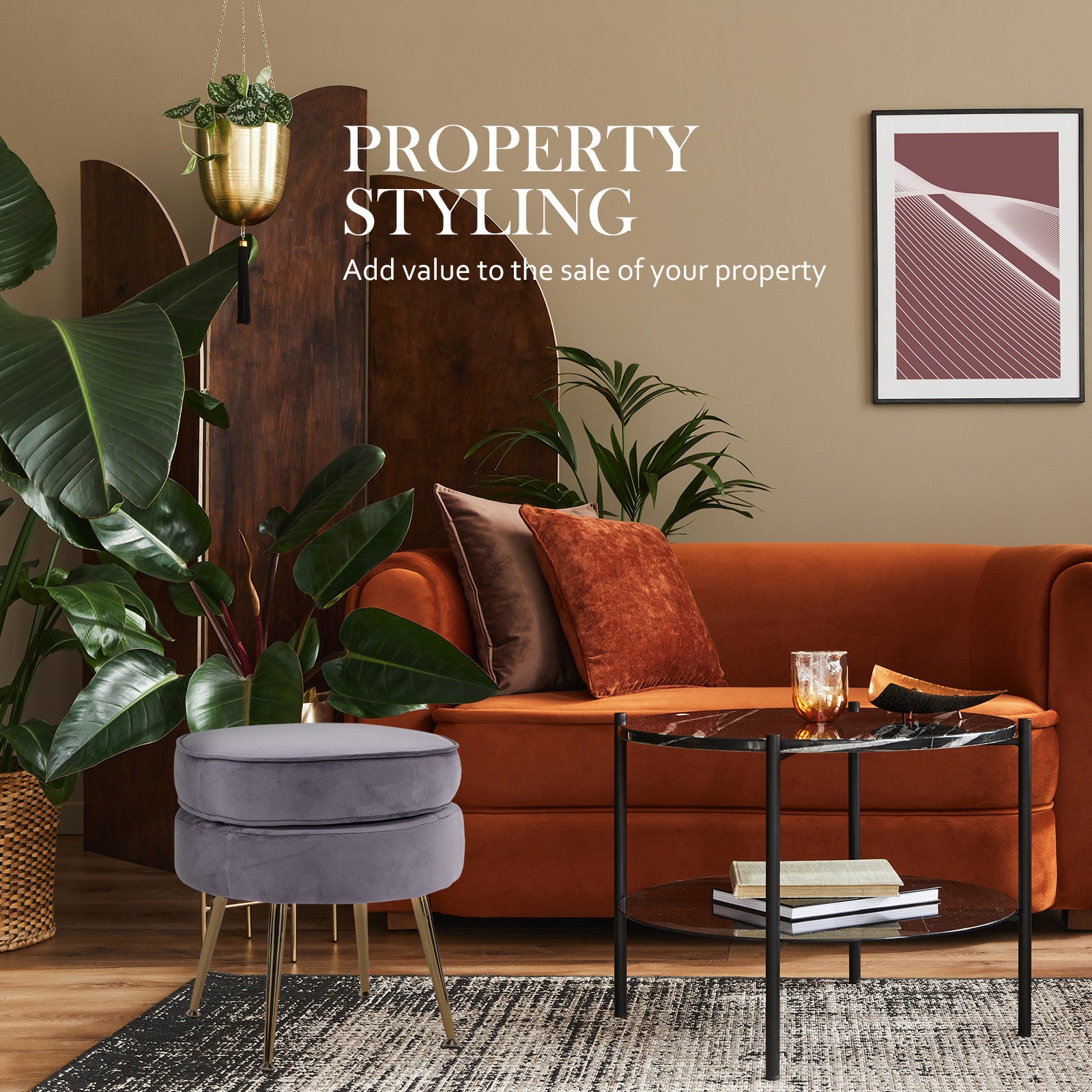 Ottoman Foot Stool Velvet Fabric Metal Leg Round GREY 9