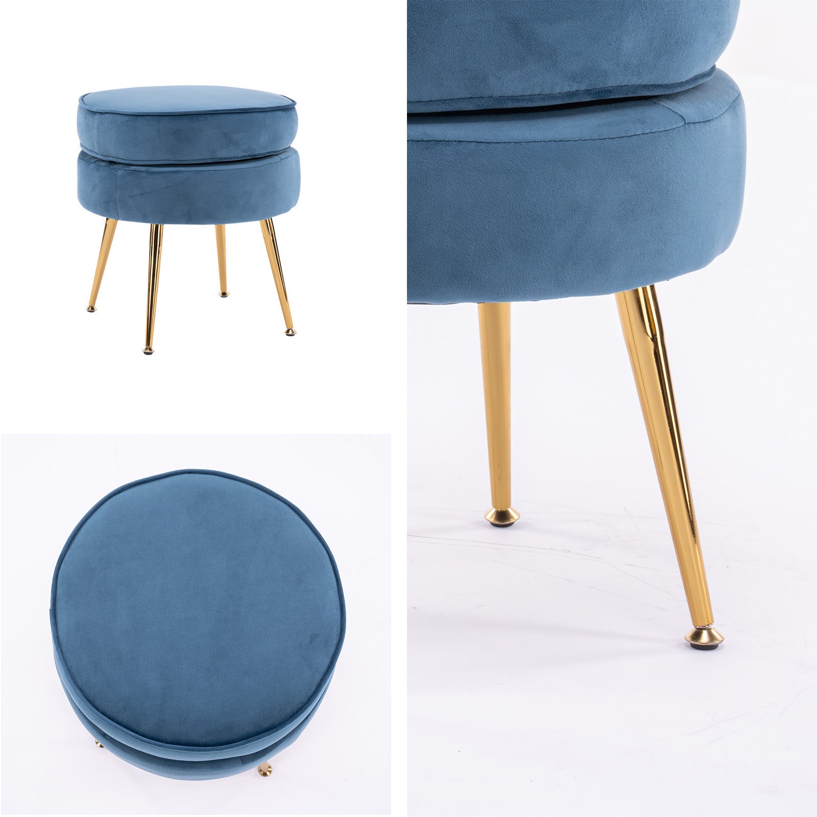 Ottoman Foot Stool Velvet Fabric Metal Leg Round NAVY BLUE 3