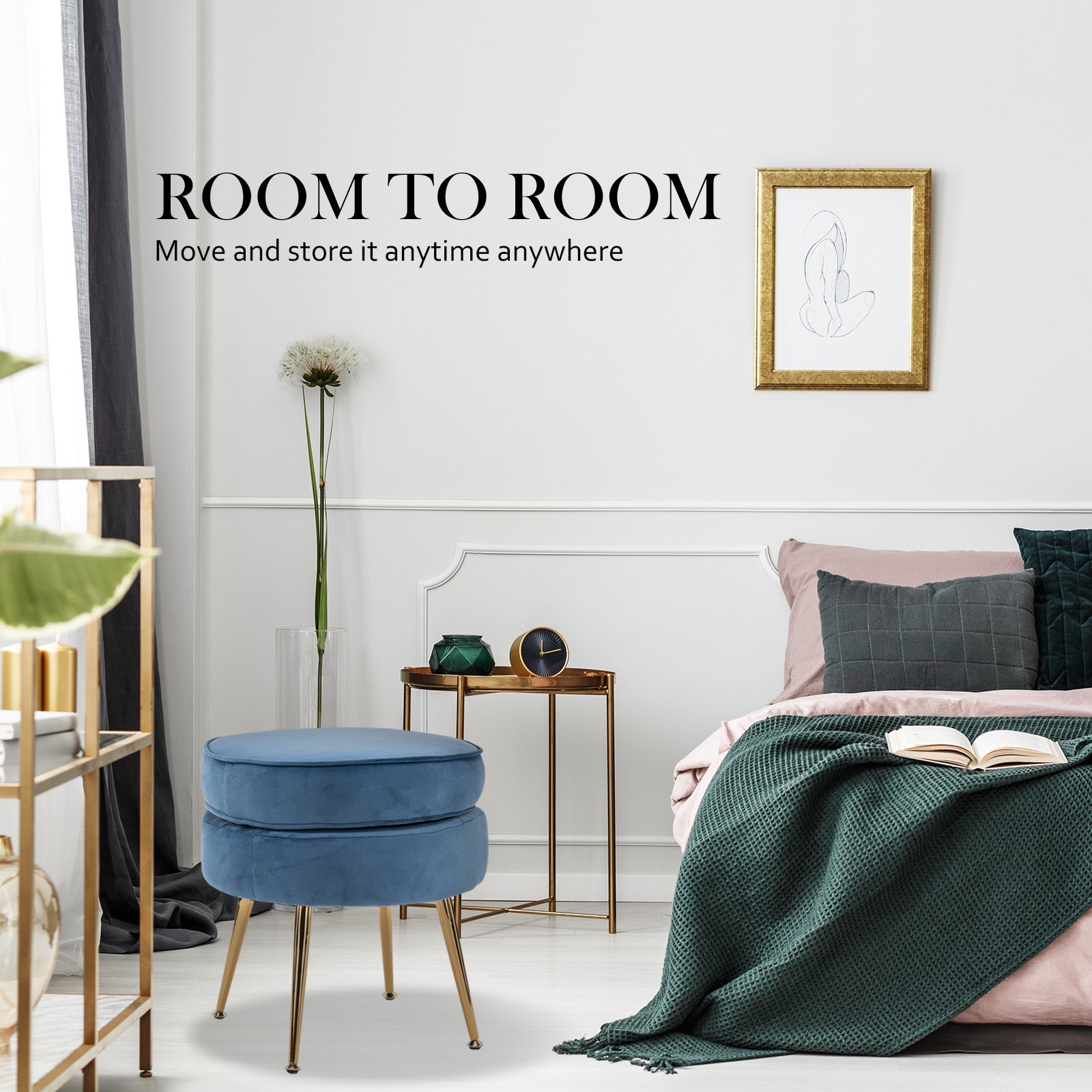 Ottoman Foot Stool Velvet Fabric Metal Leg Round NAVY BLUE 4