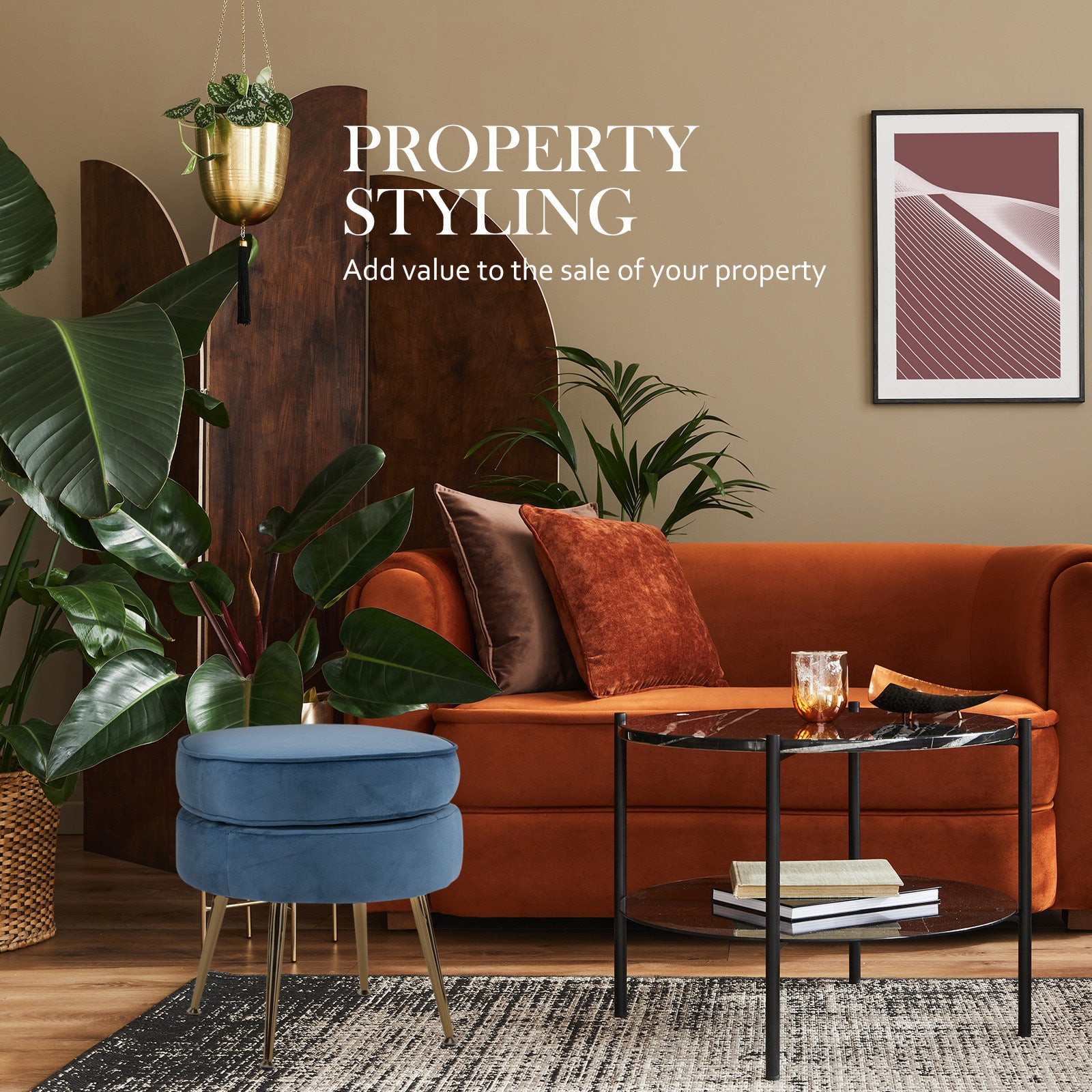 Ottoman Foot Stool Velvet Fabric Metal Leg Round NAVY BLUE 9