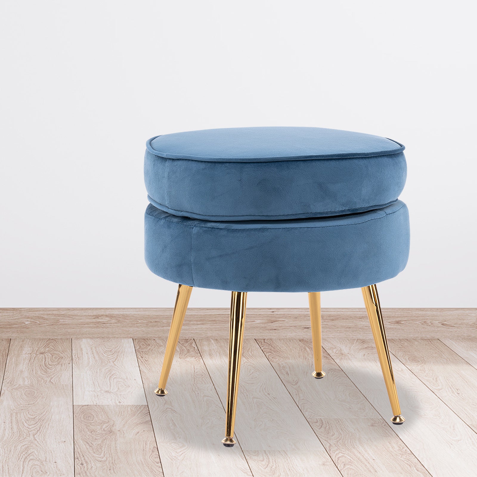 Ottoman Foot Stool Velvet Fabric Metal Leg Round NAVY BLUE 10