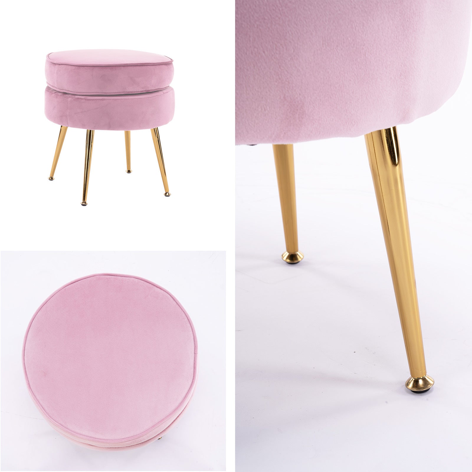 Ottoman Foot Stool Velvet Fabric Metal Leg Round PINK 3