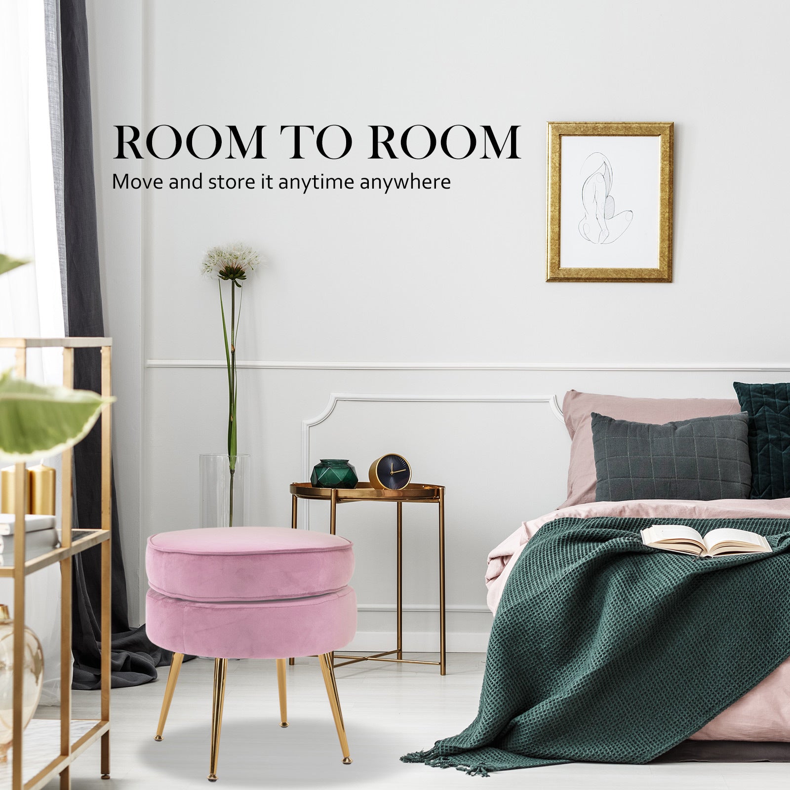 Ottoman Foot Stool Velvet Fabric Metal Leg Round PINK 4