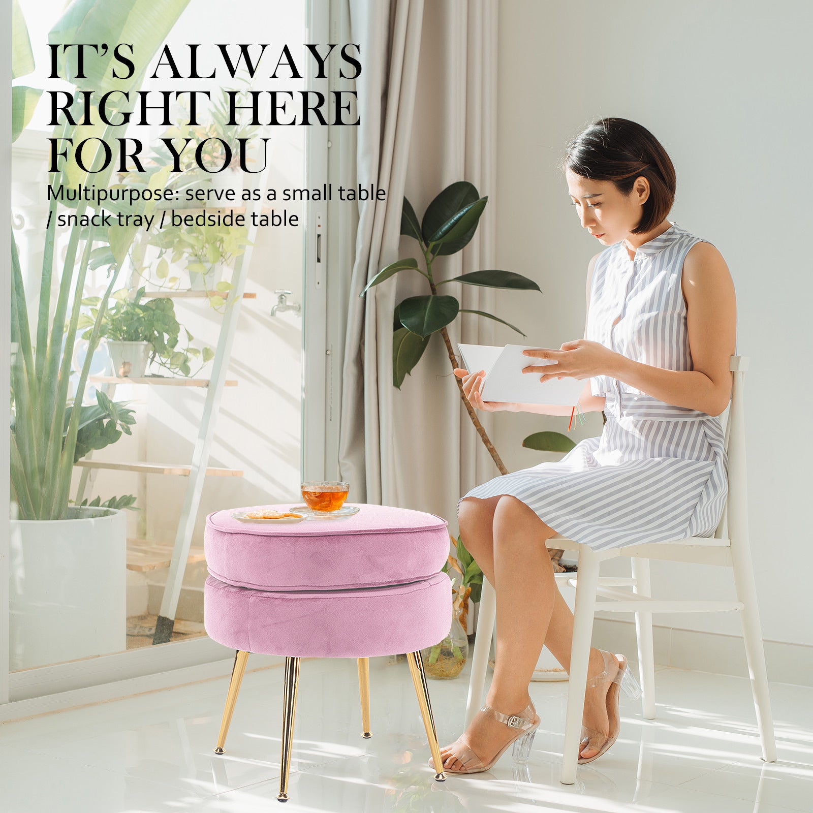 Ottoman Foot Stool Velvet Fabric Metal Leg Round PINK 5