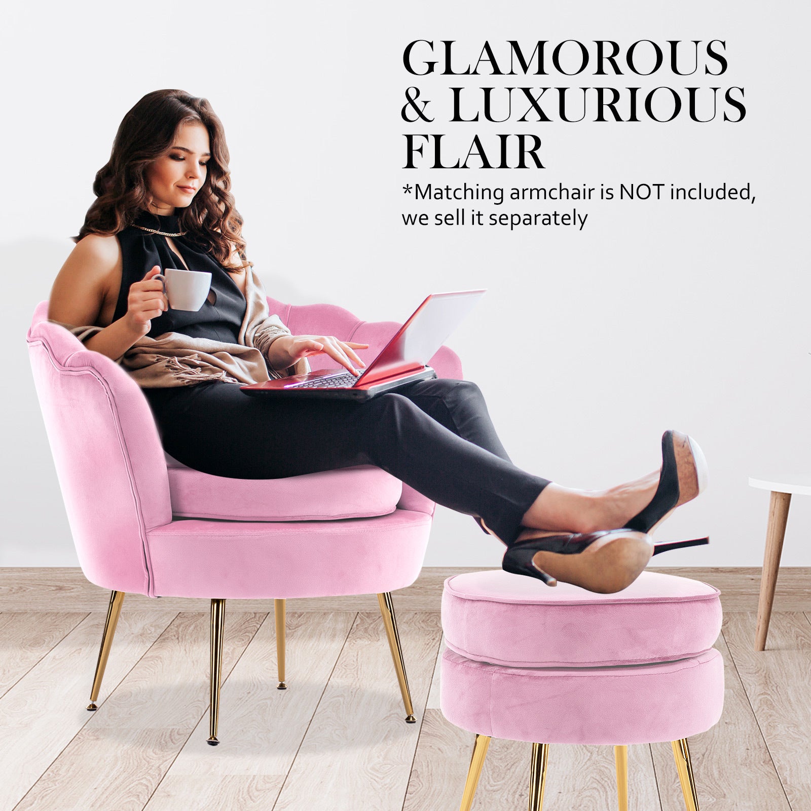 Ottoman Foot Stool Velvet Fabric Metal Leg Round PINK 6