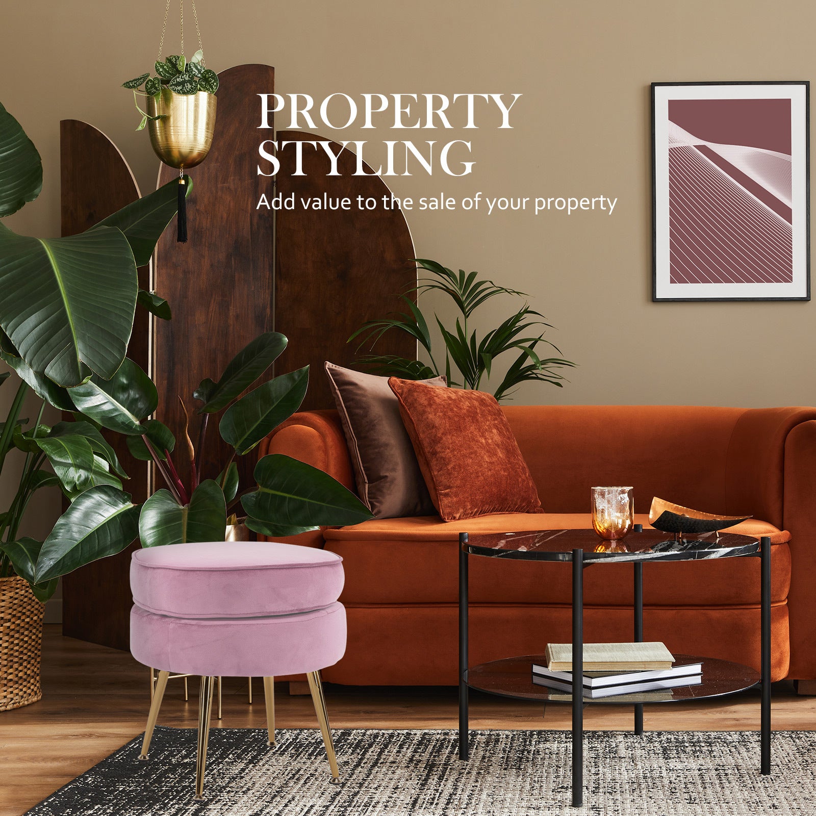 Ottoman Foot Stool Velvet Fabric Metal Leg Round PINK 9