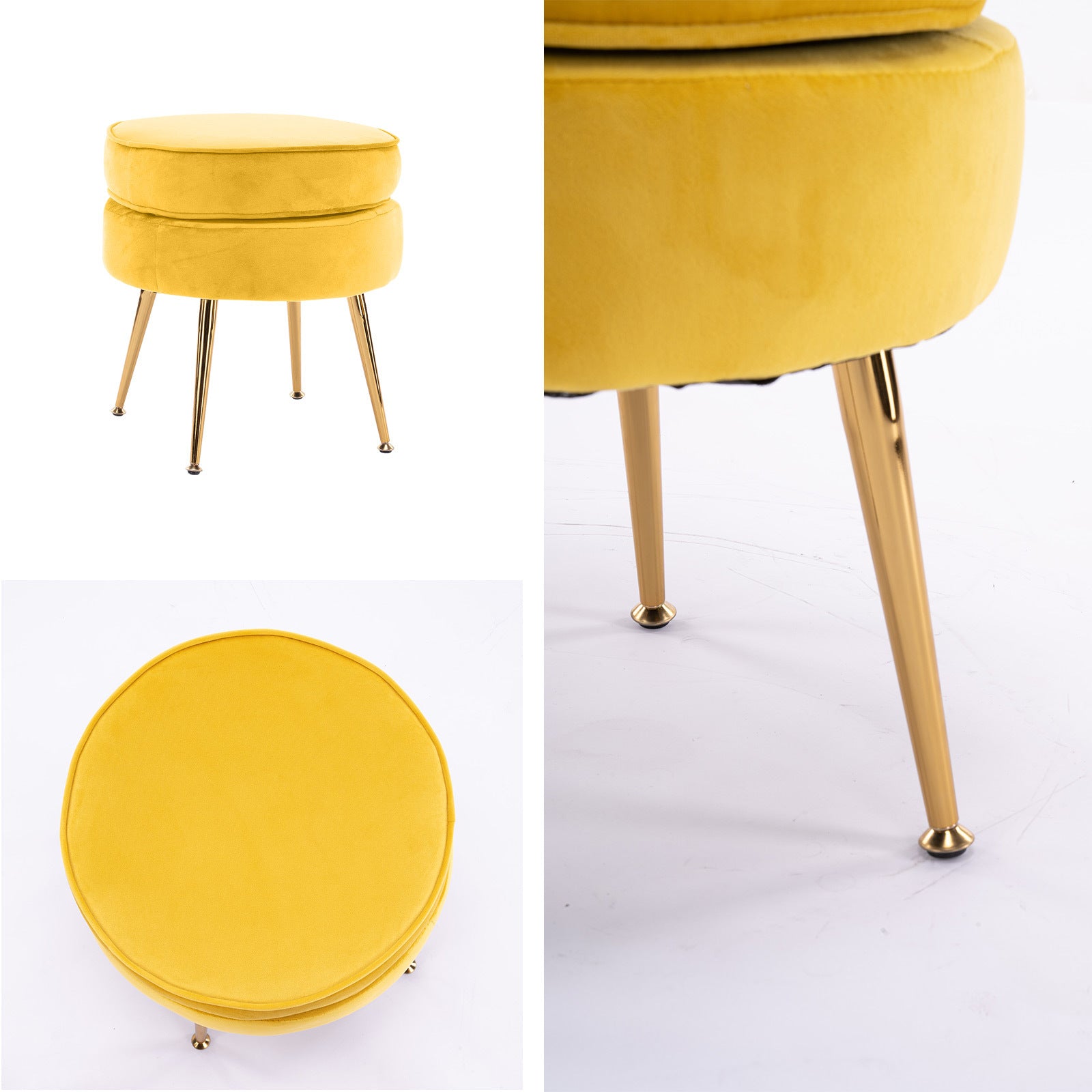 Ottoman Foot Stool Velvet Fabric Metal Leg Round YELLOW 3