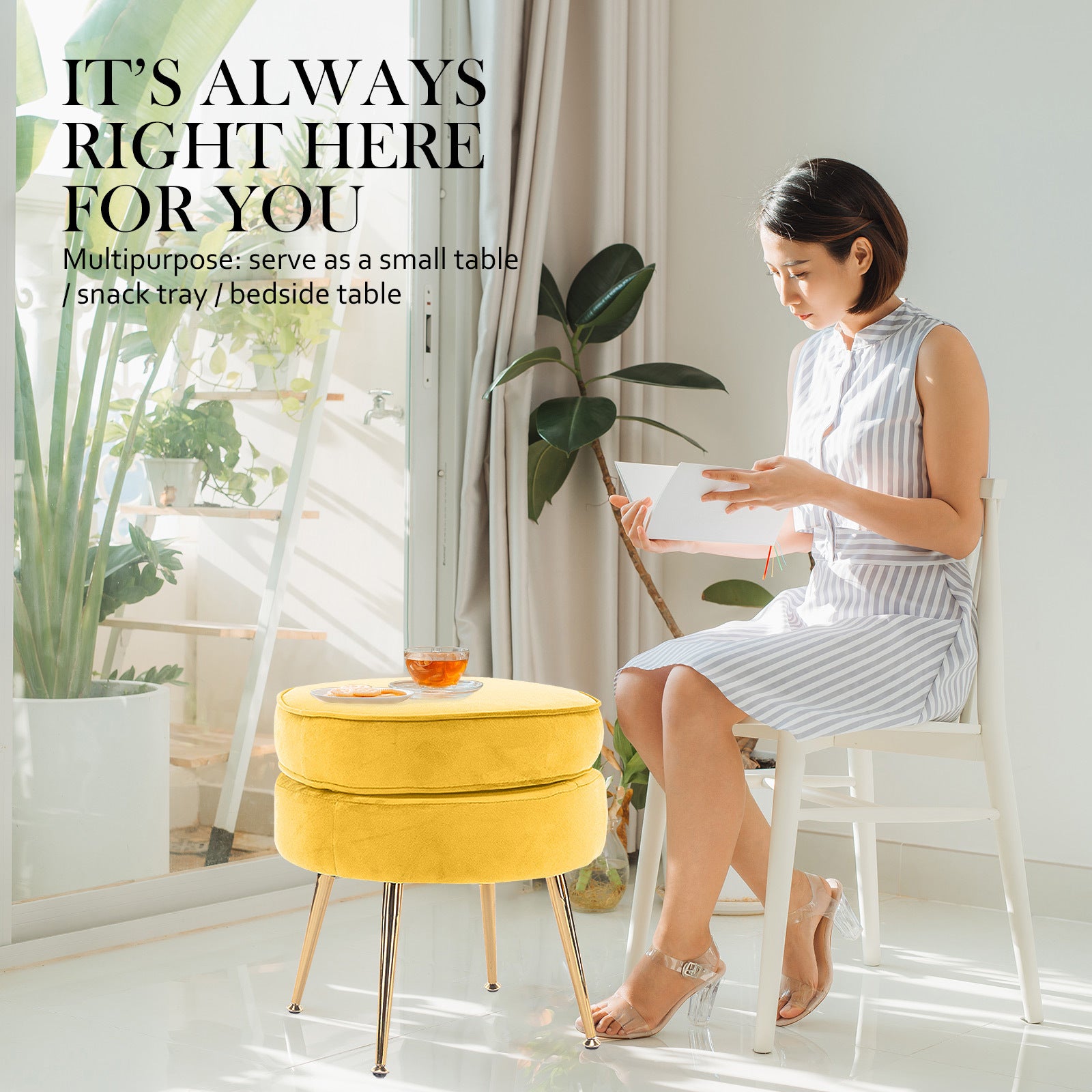 Ottoman Foot Stool Velvet Fabric Metal Leg Round YELLOW 5