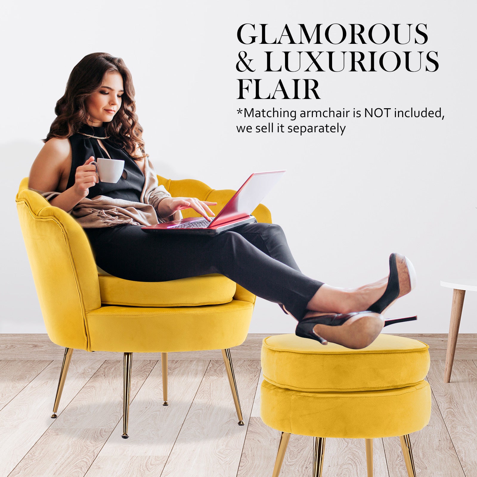 Ottoman Foot Stool Velvet Fabric Metal Leg Round YELLOW 6