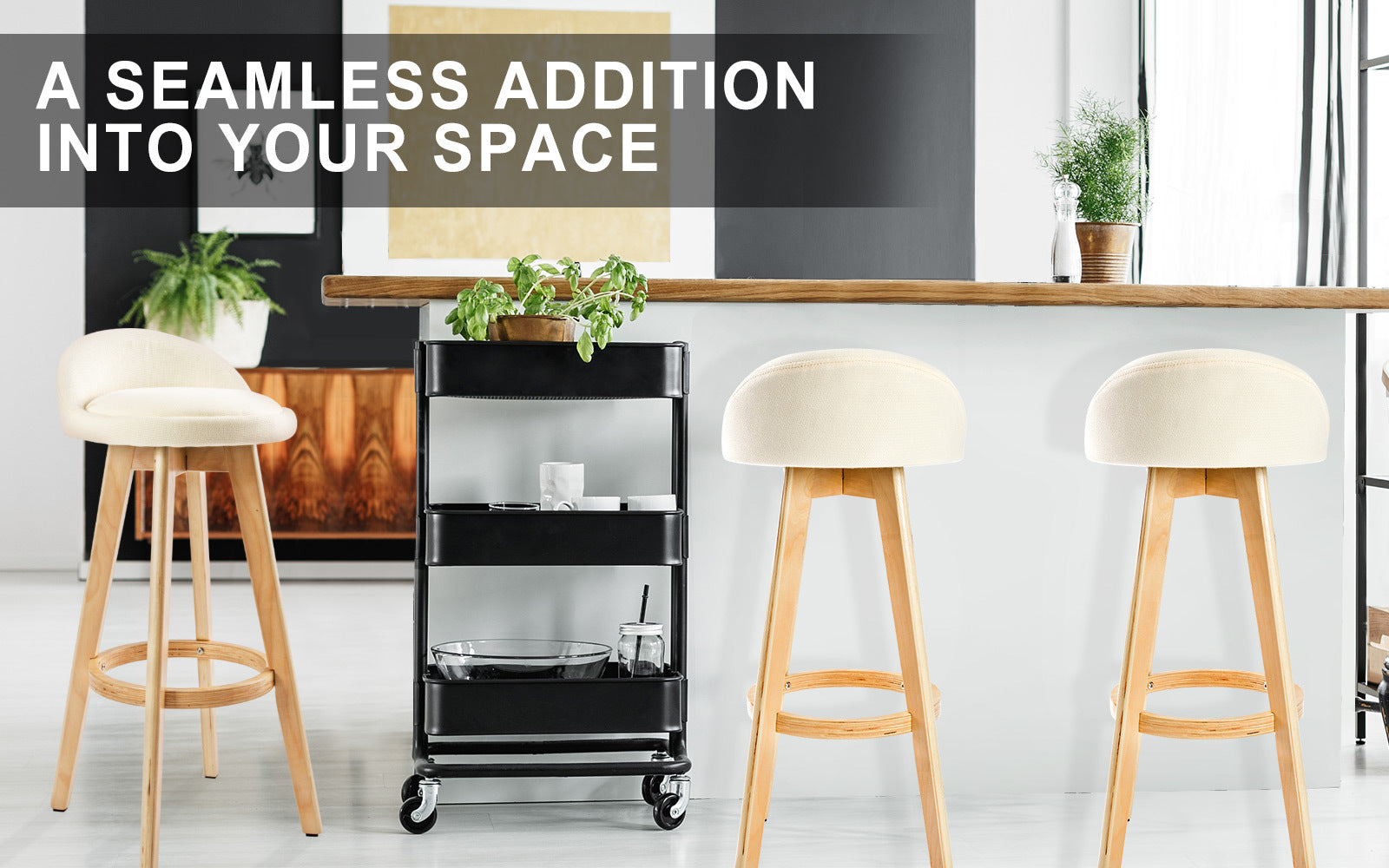 2X Wood Bar Stool Dining Chair Fabric LEILA 72cm BEIGE 3