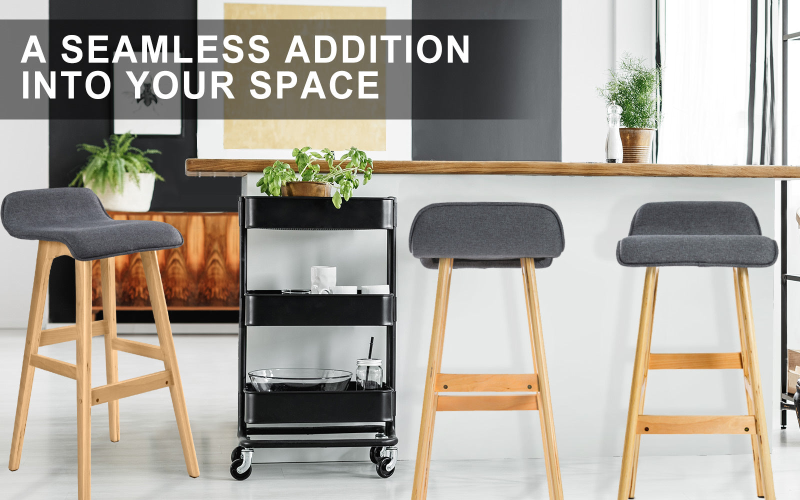 2X Wooden Bar Stool Dining Chair Fabric SOPHIA 74cm GREY 3