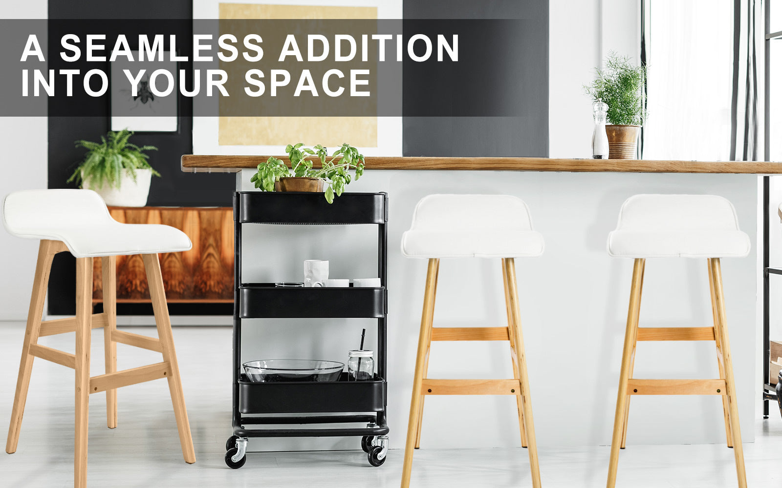 2X Wooden Bar Stool Dining Chair Leather SOPHIA 65cm WHITE 3