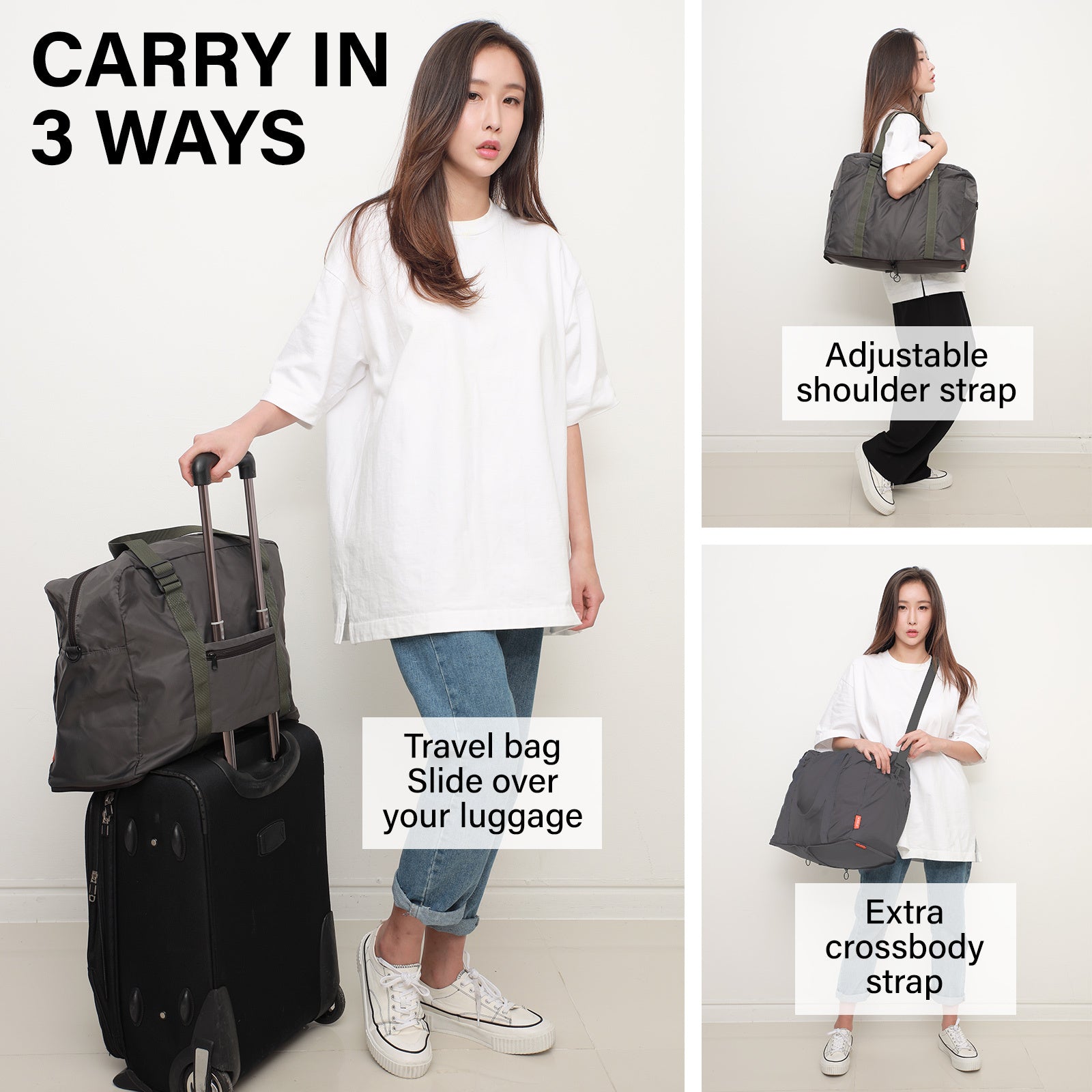 Shopper Bag Travel Duffle Bag Foldable Laptop Luggage Nylon KO-BOSTON KHAKI 4