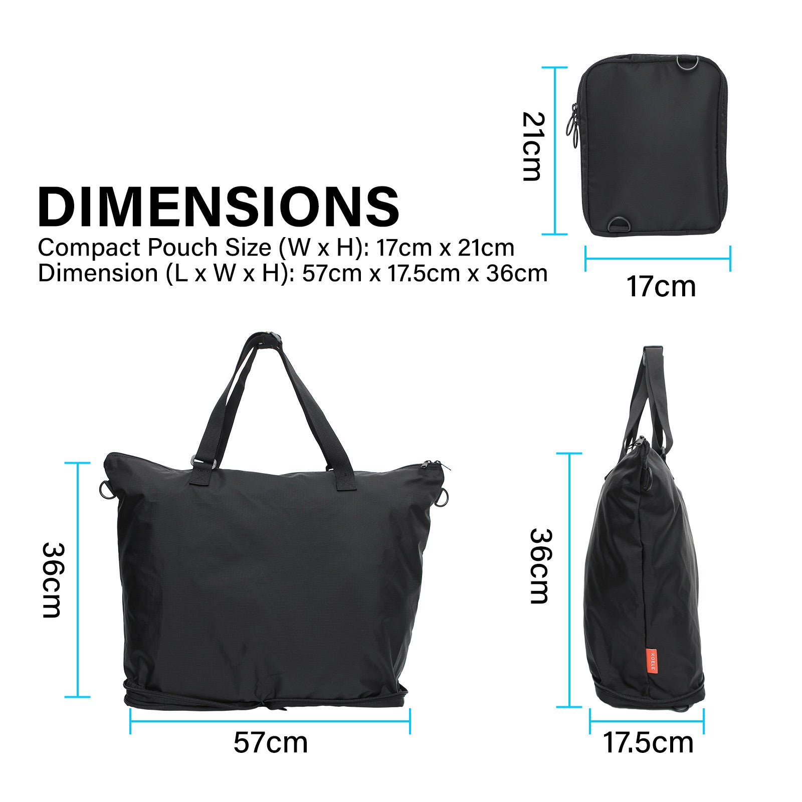 Shopper Bag Tote Bag Foldable Travel Laptop Grocery Nylon KO-DUAL BLACK 8