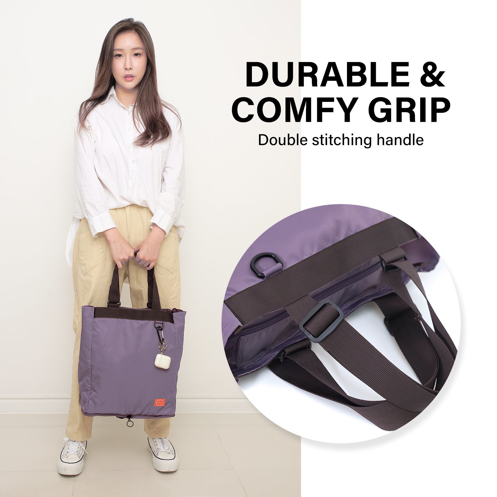 Shopper Bag Tote Bag Foldable Travel Laptop Grocery Nylon KO-SHOULDER PURPLE 6