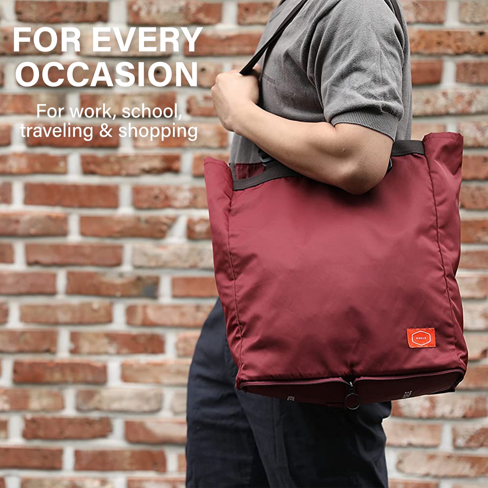 Shopper Bag Tote Bag Foldable Travel Laptop Grocery Nylon KO-SHOULDER WINE 3