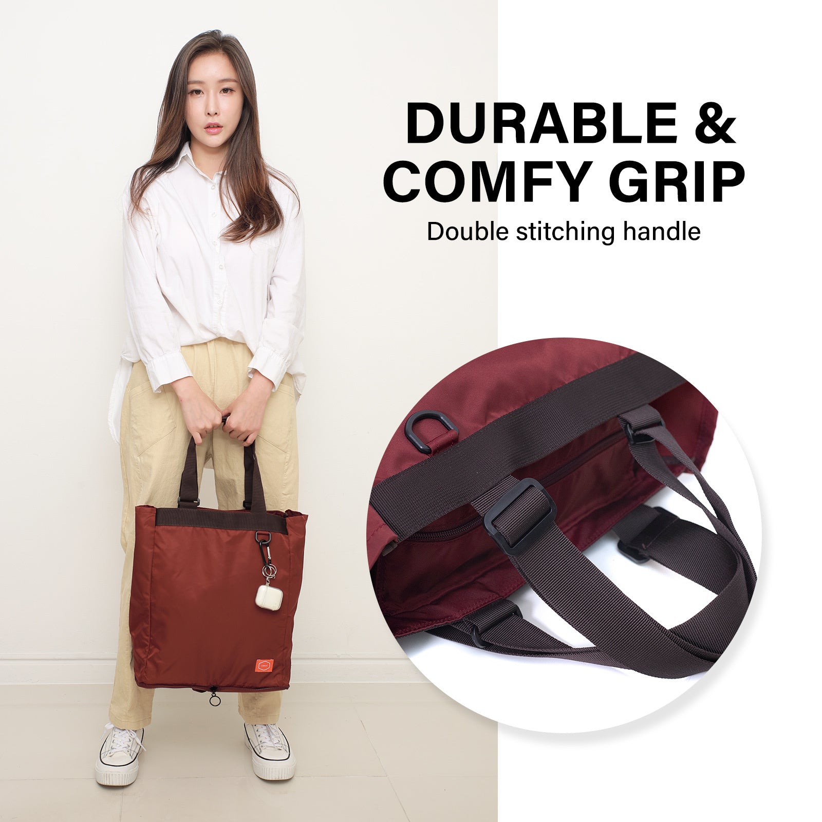 Shopper Bag Tote Bag Foldable Travel Laptop Grocery Nylon KO-SHOULDER WINE 6