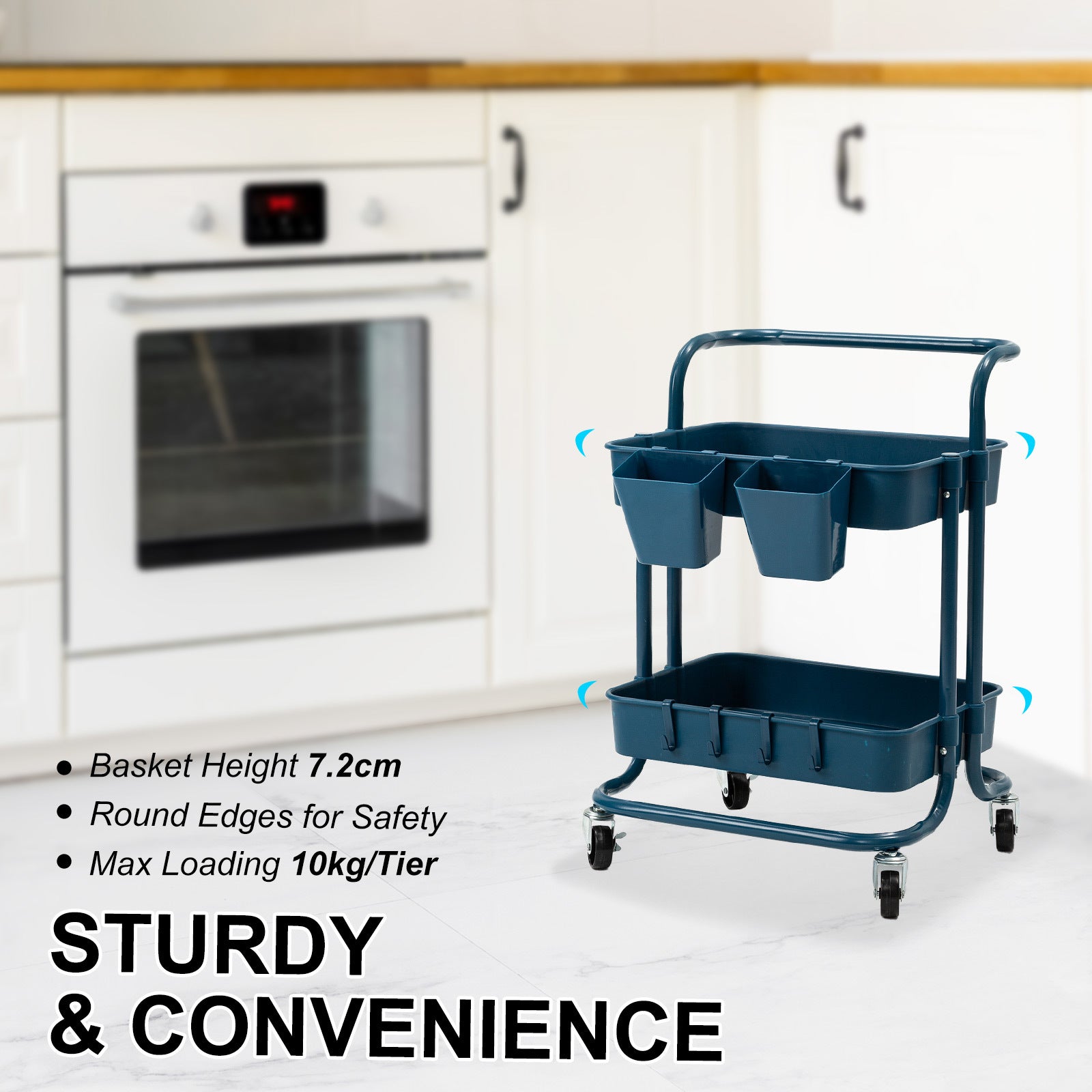 Trolley Cart Storage Utility Rack Shelf Organiser Swivel Kitchen 2 Tier BLUE 3