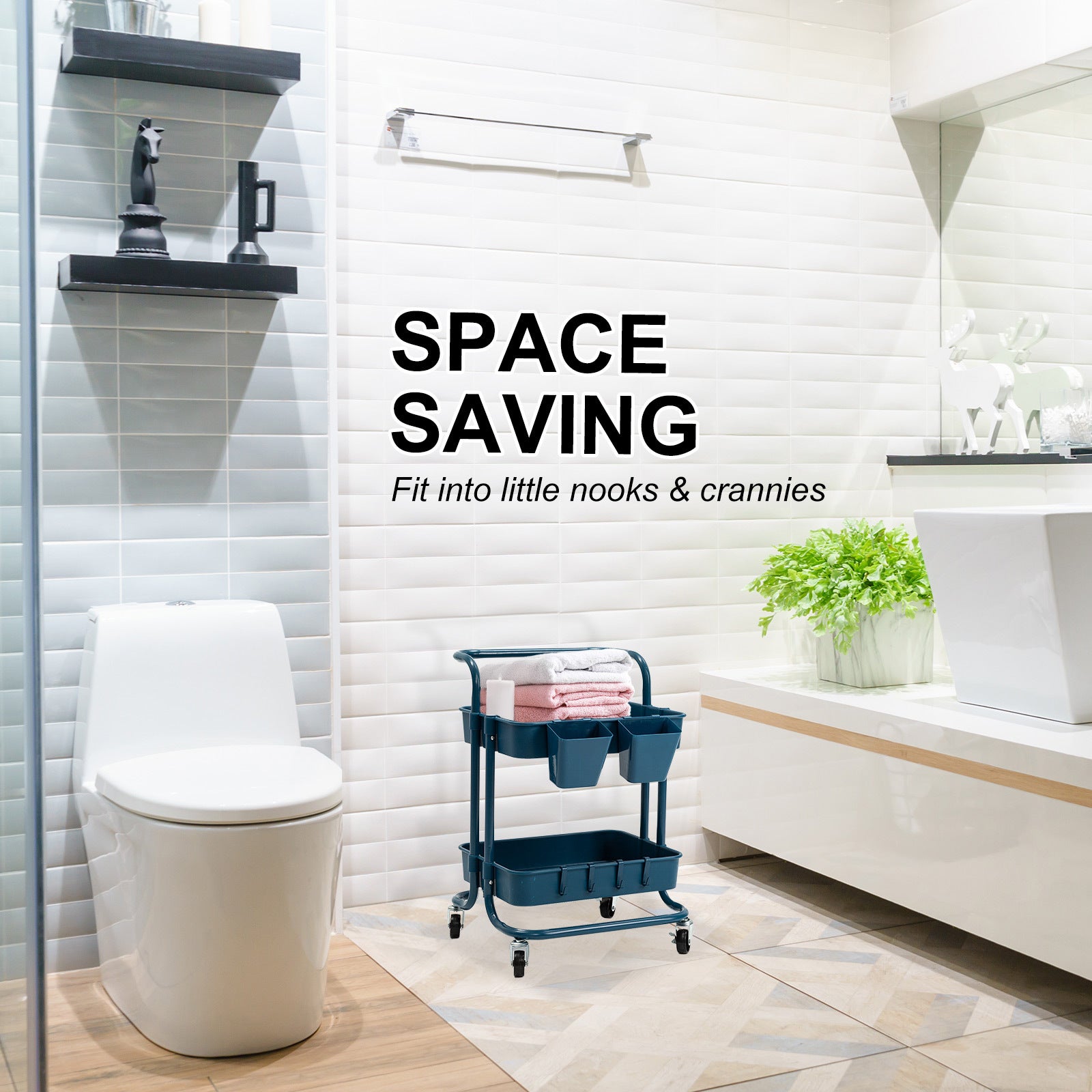 Trolley Cart Storage Utility Rack Shelf Organiser Swivel Kitchen 2 Tier BLUE 5